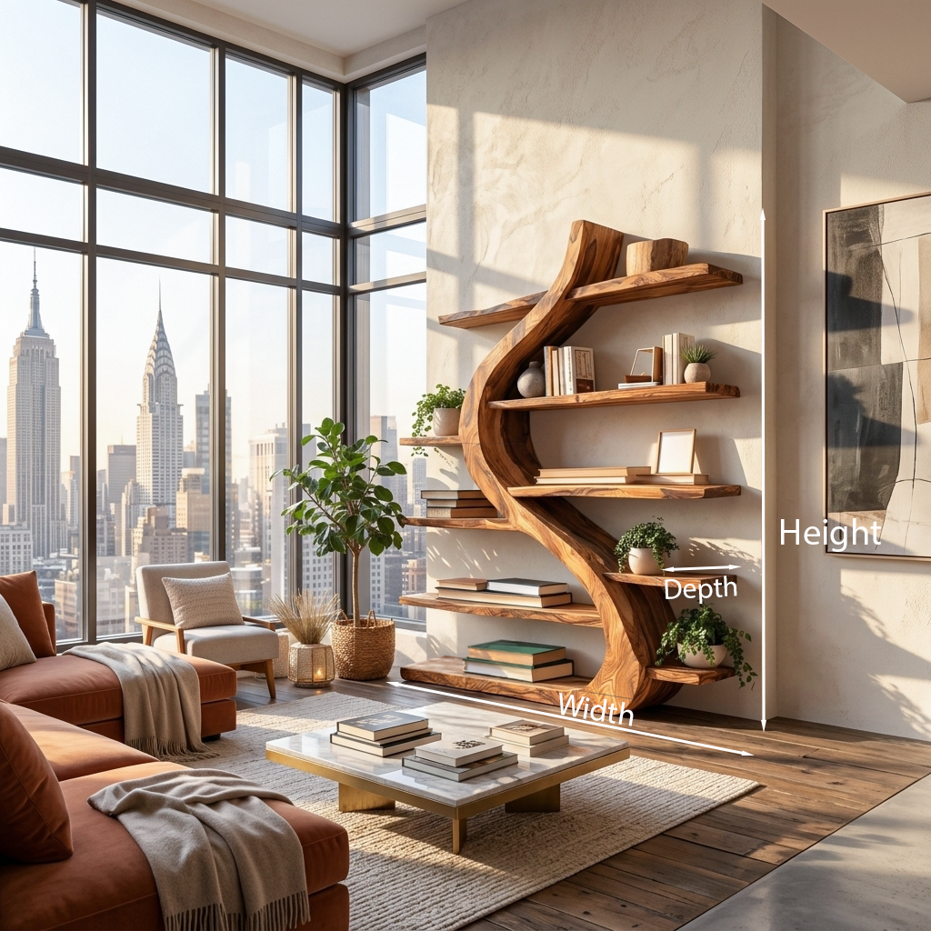 Organic Wooden Bookshelf Soft Curved Design For Home Decor RTTHTTBS124