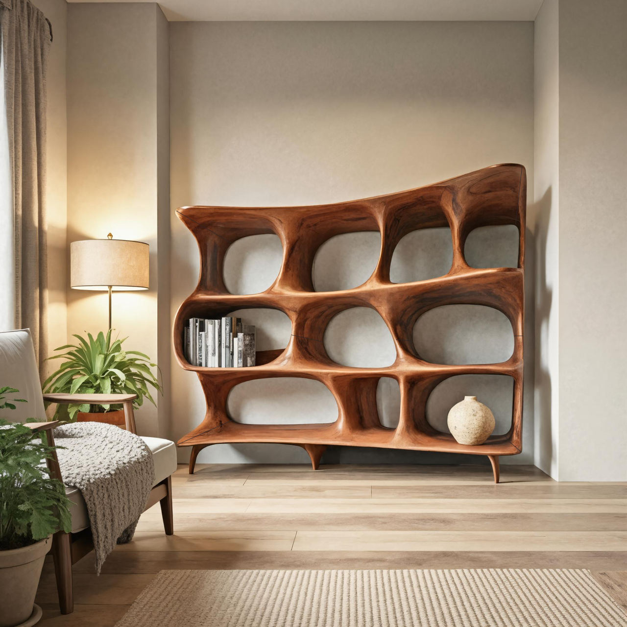 Organic Carved Bookshelf For Living Room Or Office Storage SITHTTBS032