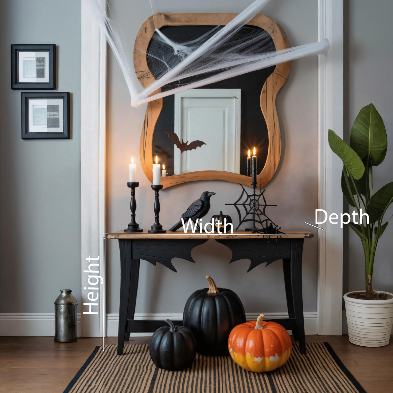 Halloween Wooden Console Table With Bat Wing Carving For Haunted House Decor SITHHNHW003