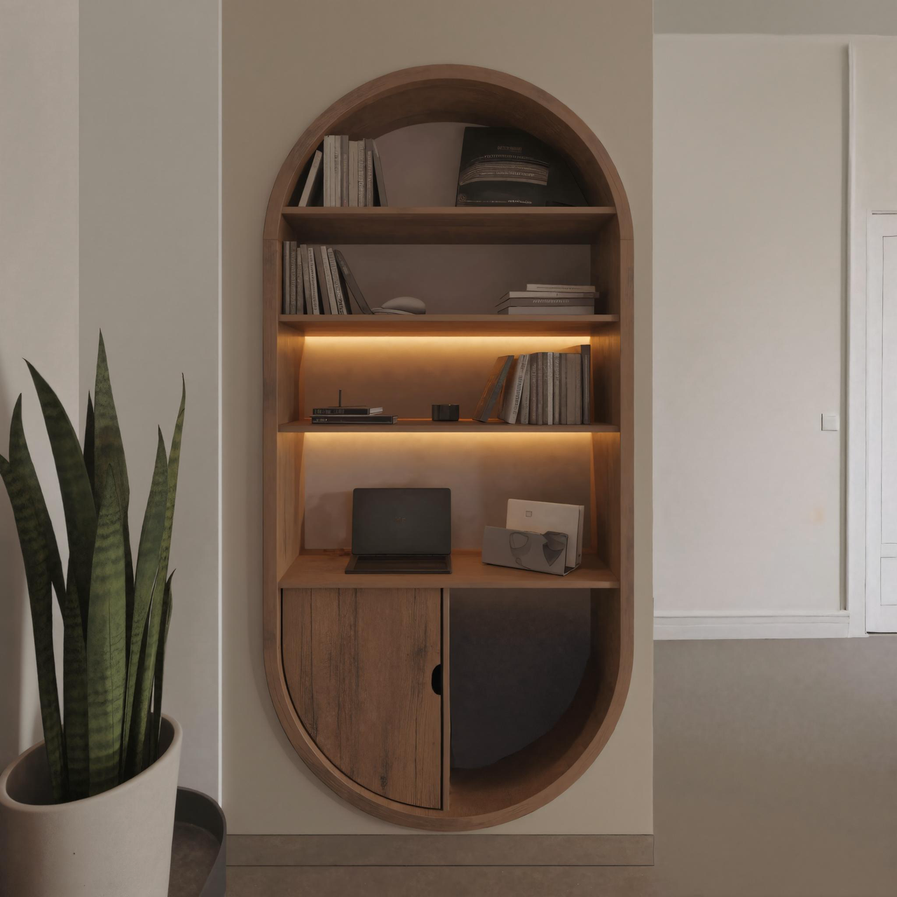 Arched Wooden Wall Bookshelf With Cabinet And Lighting For Living Room Or Office SITHHNBS014