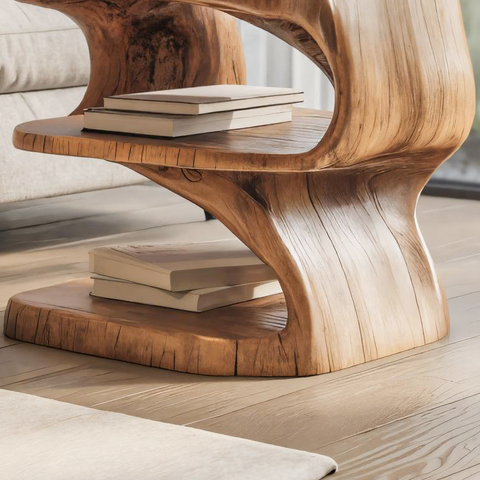 Modern Sculpted Wood Side Table With Open Shelf For Living Room Or Bedroom SITHTTSTA016