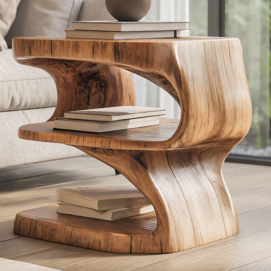 Modern Sculpted Wood Side Table With Open Shelf For Living Room Or Bedroom SITHTTSTA016