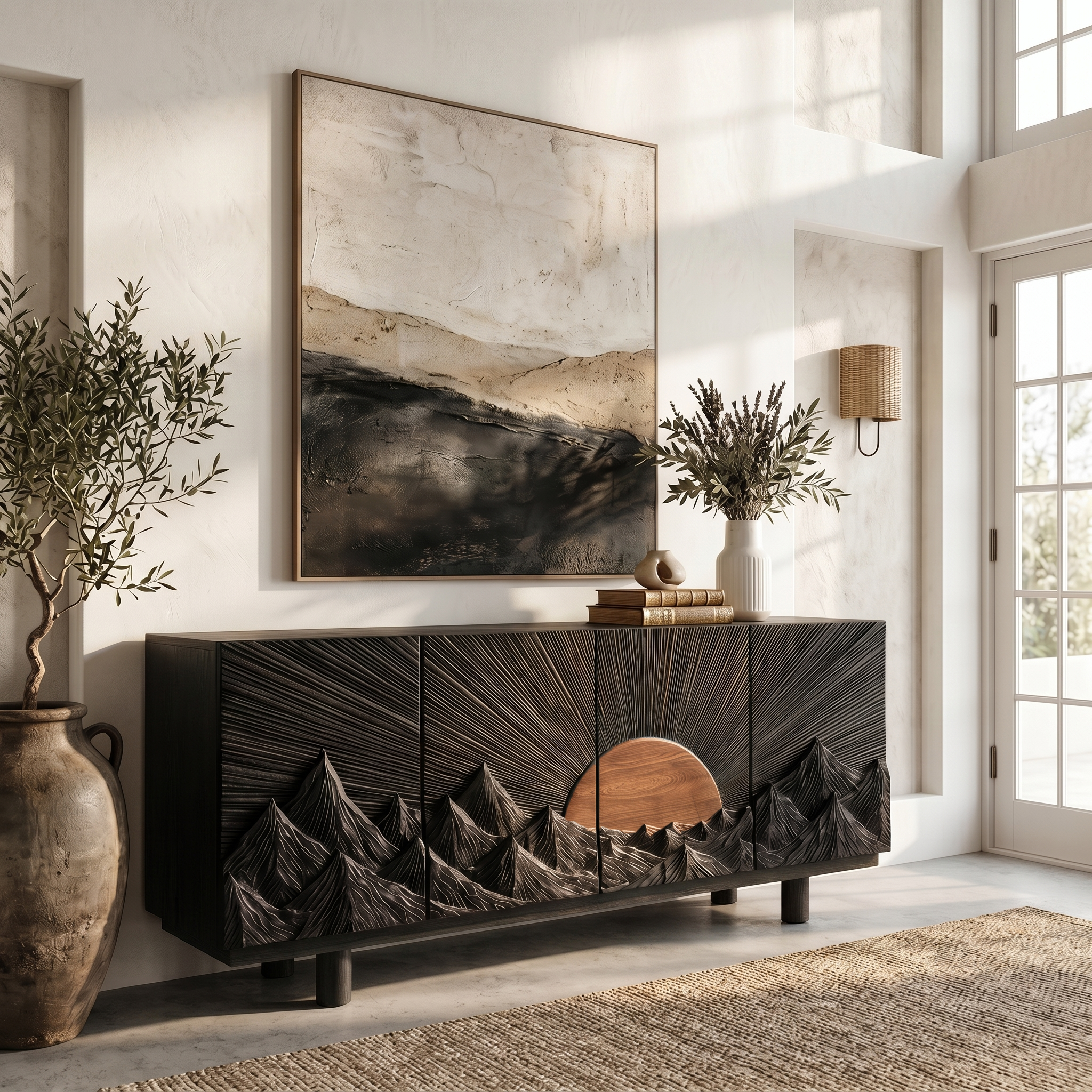 Rustic Mountain Sunrise Storage Cabinet With Carved Wood Doors For Living Room SINLSASC516