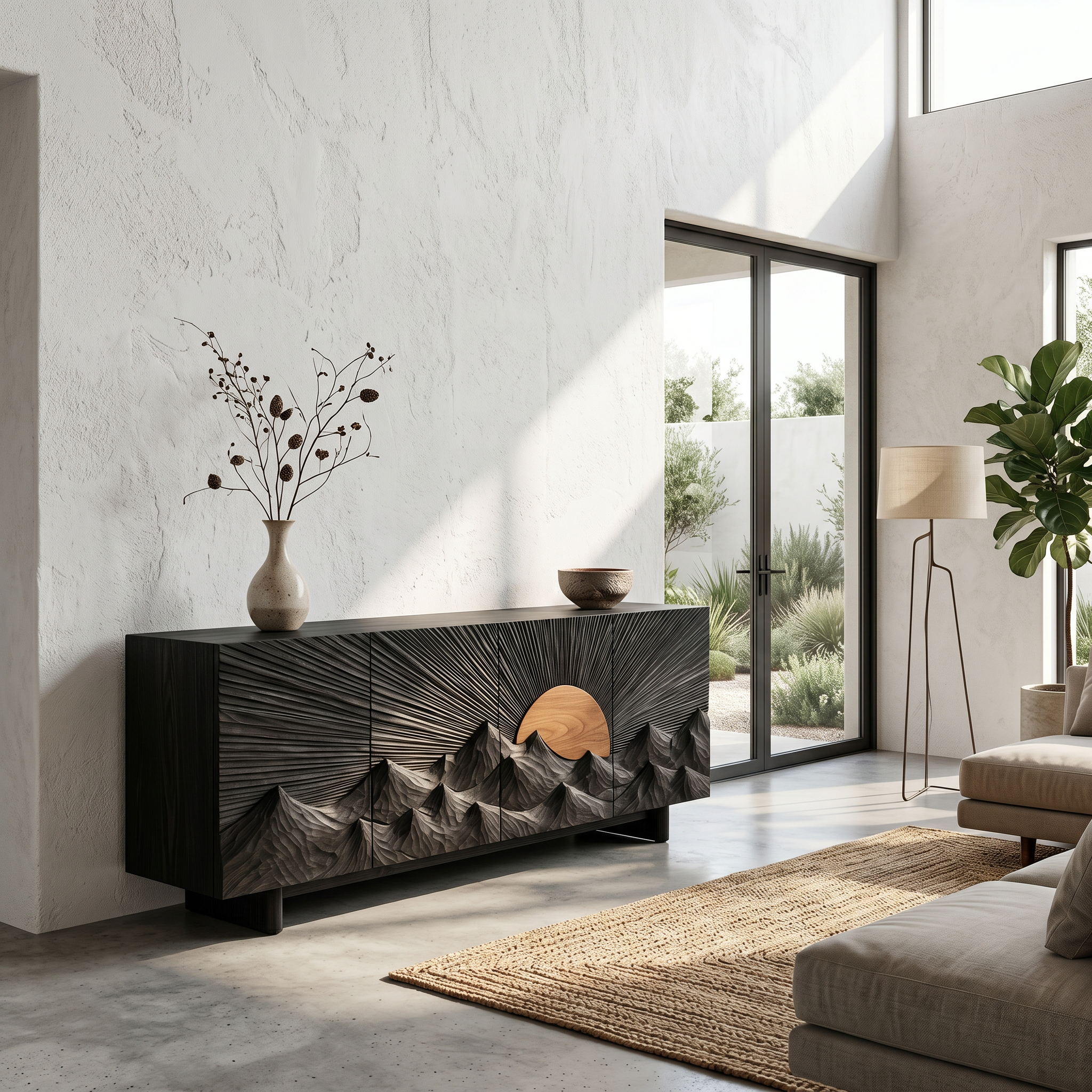 Contemporary Landscape Sideboard With Sculptural Carved Wood Doors For Living Room SINLSASC517