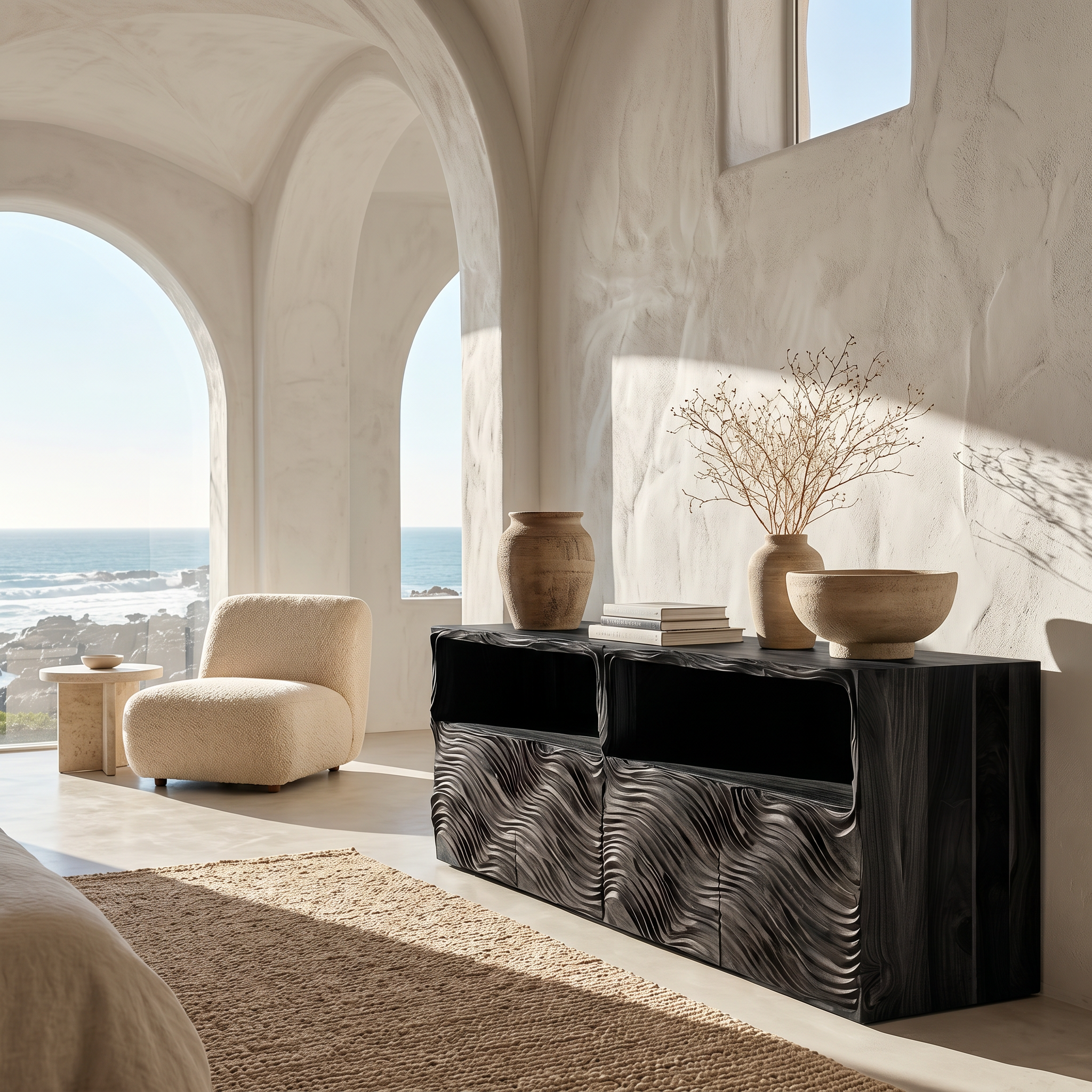 Modern Sideboard With Hand Carved Wave Wood Doors And Open Display Shelves For Living Room SINLSASC532