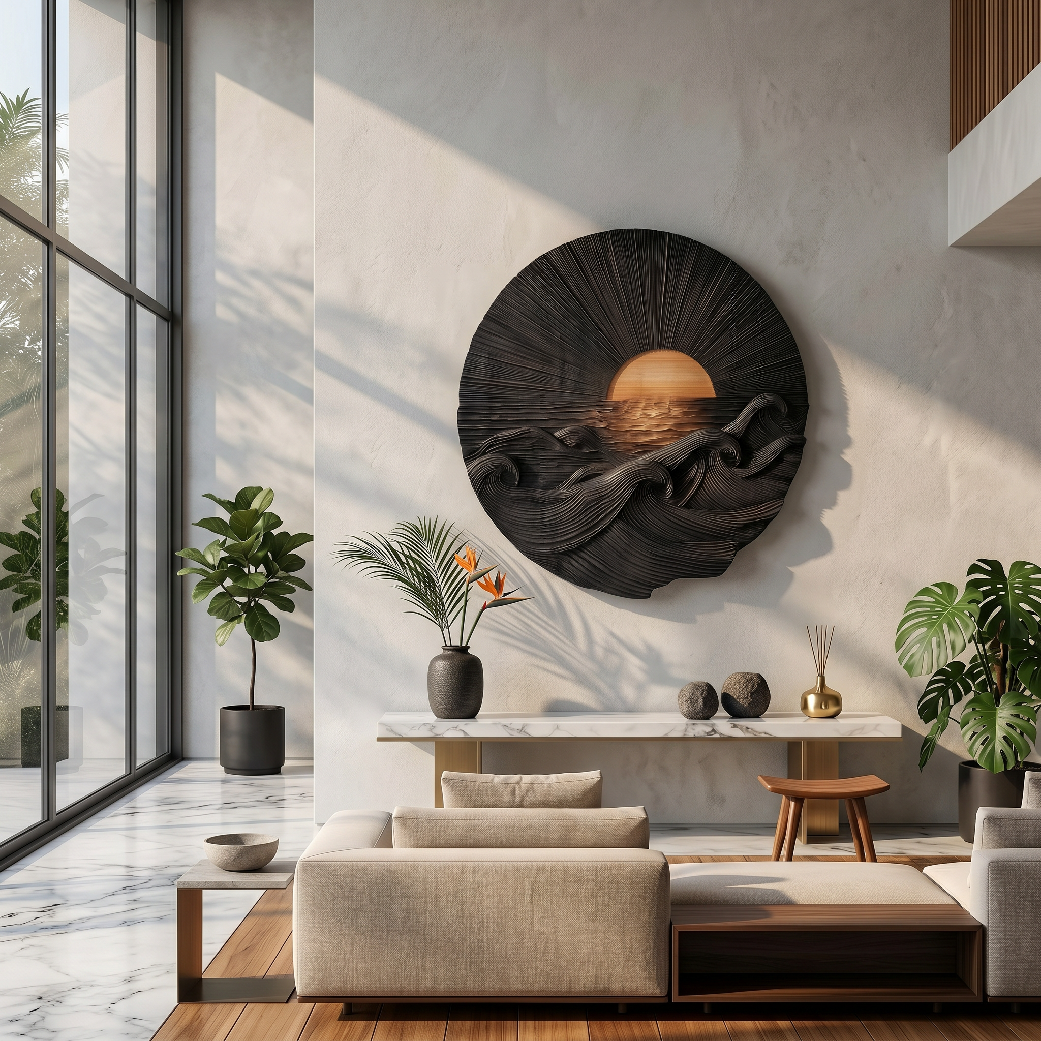Organic Sunrise Wooden Wall Art For Living Room And Entryway SINLSAWD091