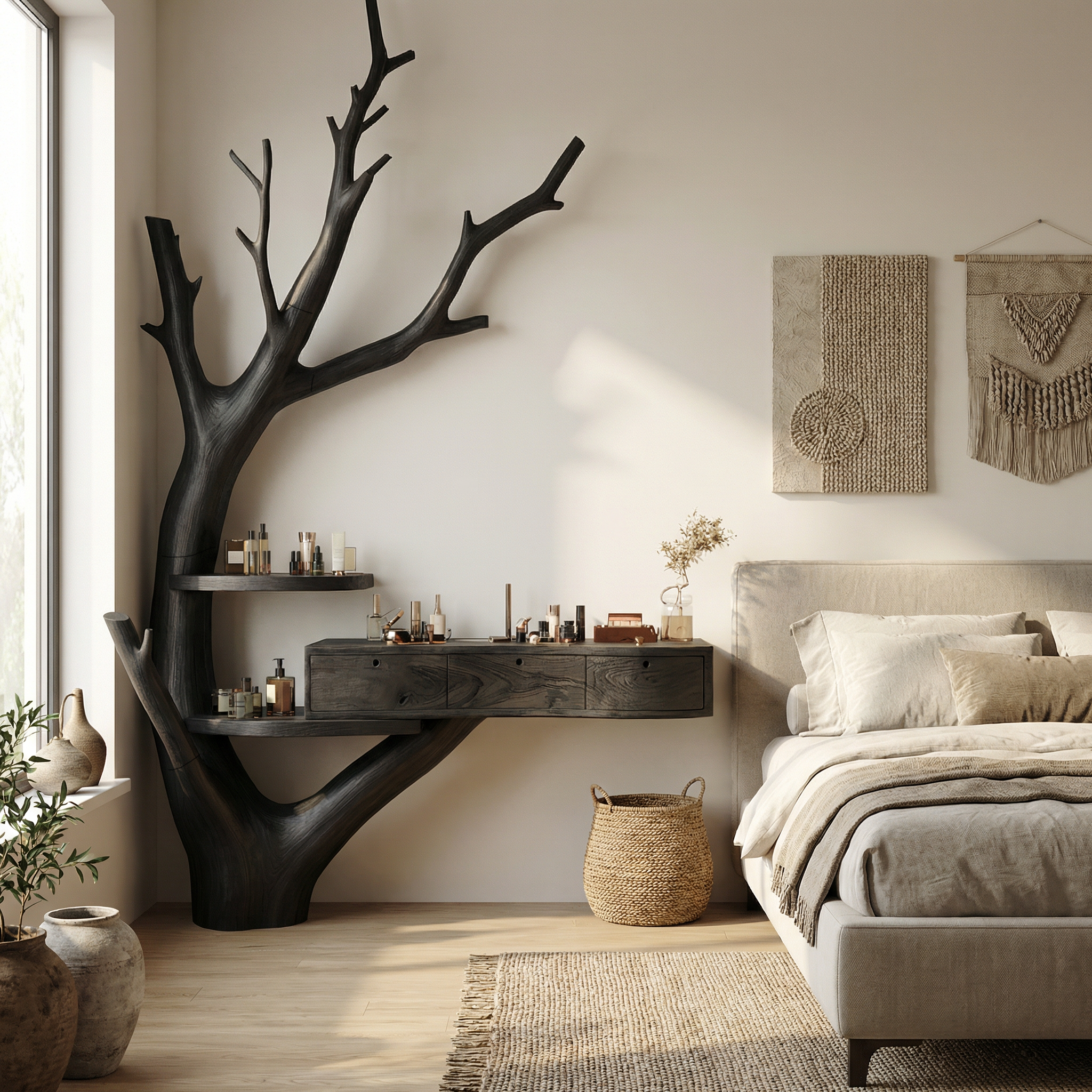 Minimalist Tree Base Floating Dressing Table With Storage Drawers Makeup Vanity Desk For Bedroom SINLSABDT070