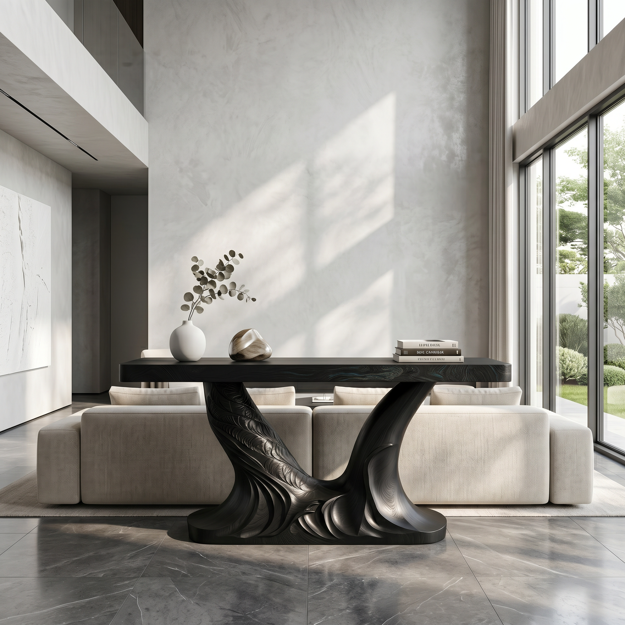 Organic Console Table With Sculptural Double Pedestal Base For Entryway SINLSACS628