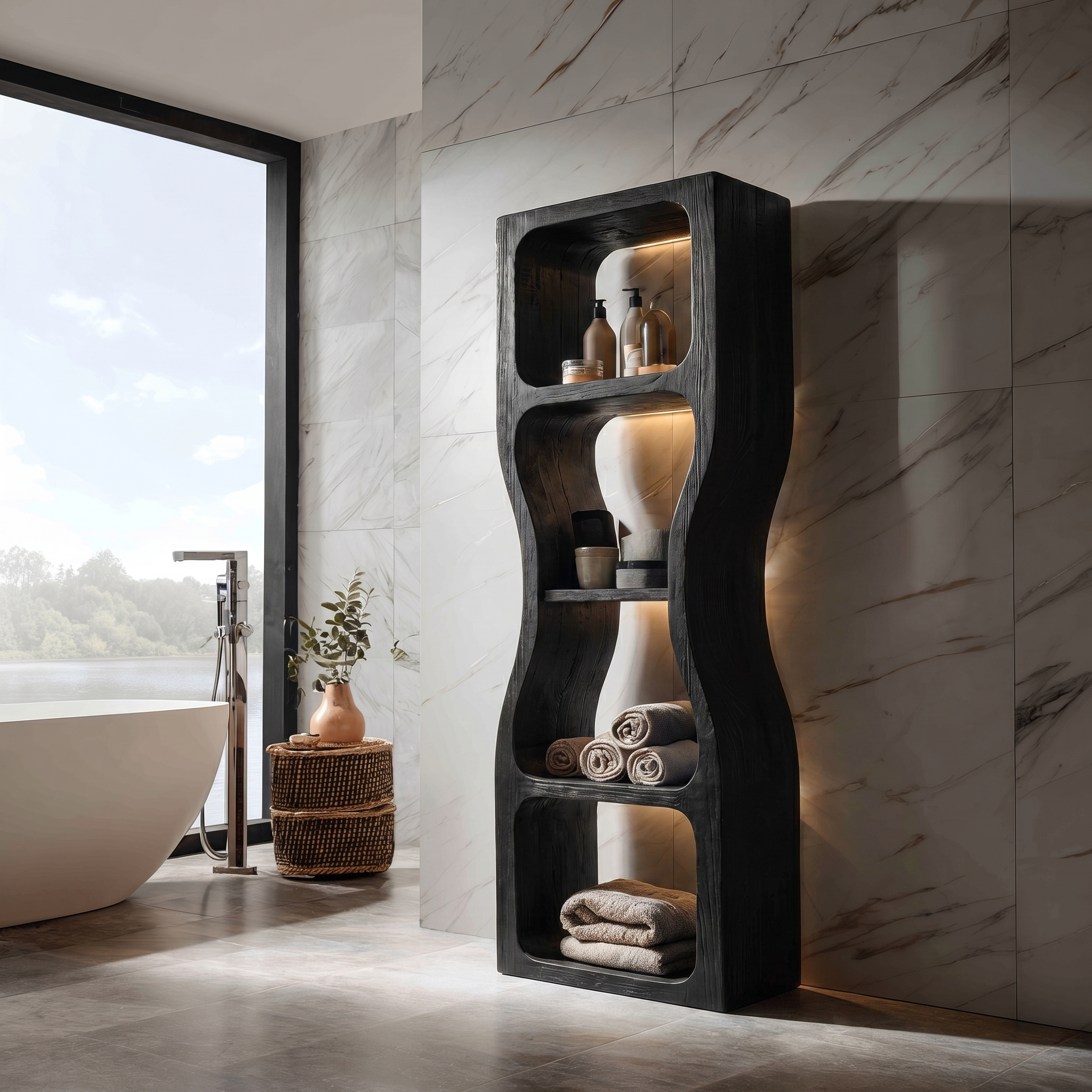 Rustic Modern Bathroom Storage Cabinet With Sculptural Wave Design And Open Shelves For Bathroom SINLSABCT027