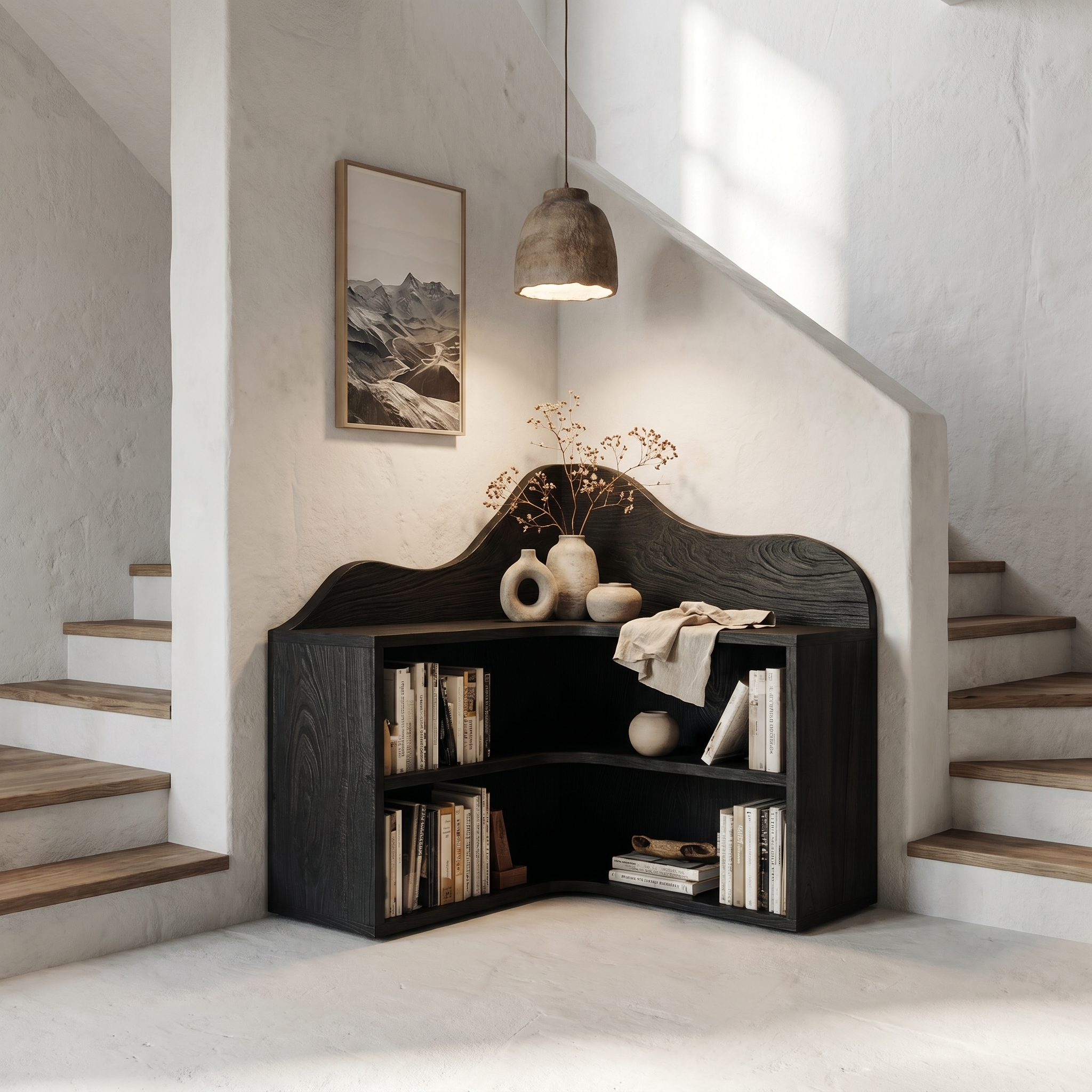 Organic Corner Bookshelf With Sculptural Curved Shelves And Open Storage For Living Room And Bedroom SINLSABS021