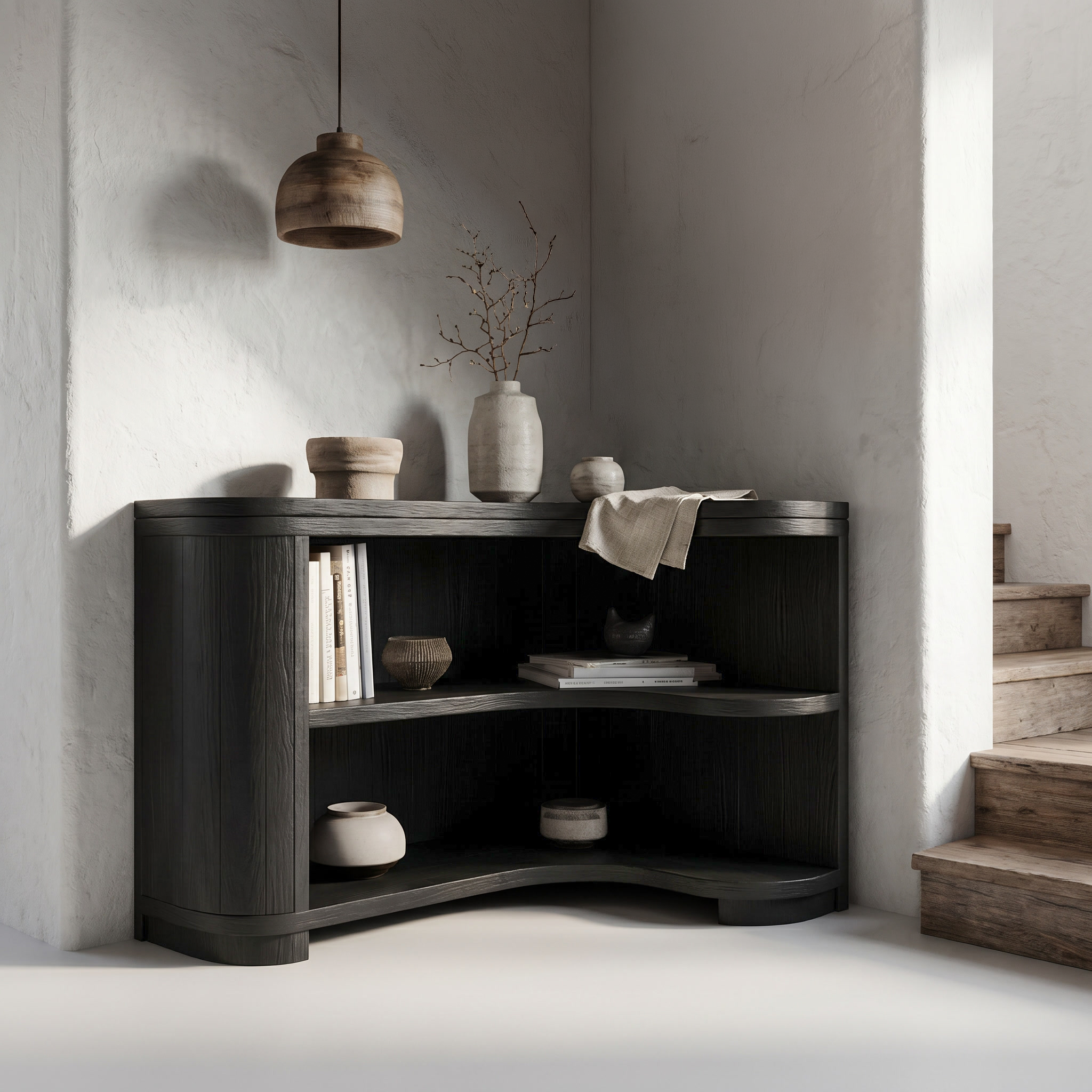 Modern Organic Corner Bookshelf With Solid Wood Open Shelves And Curved Design For Living Room And Bedroom SINLSABS022