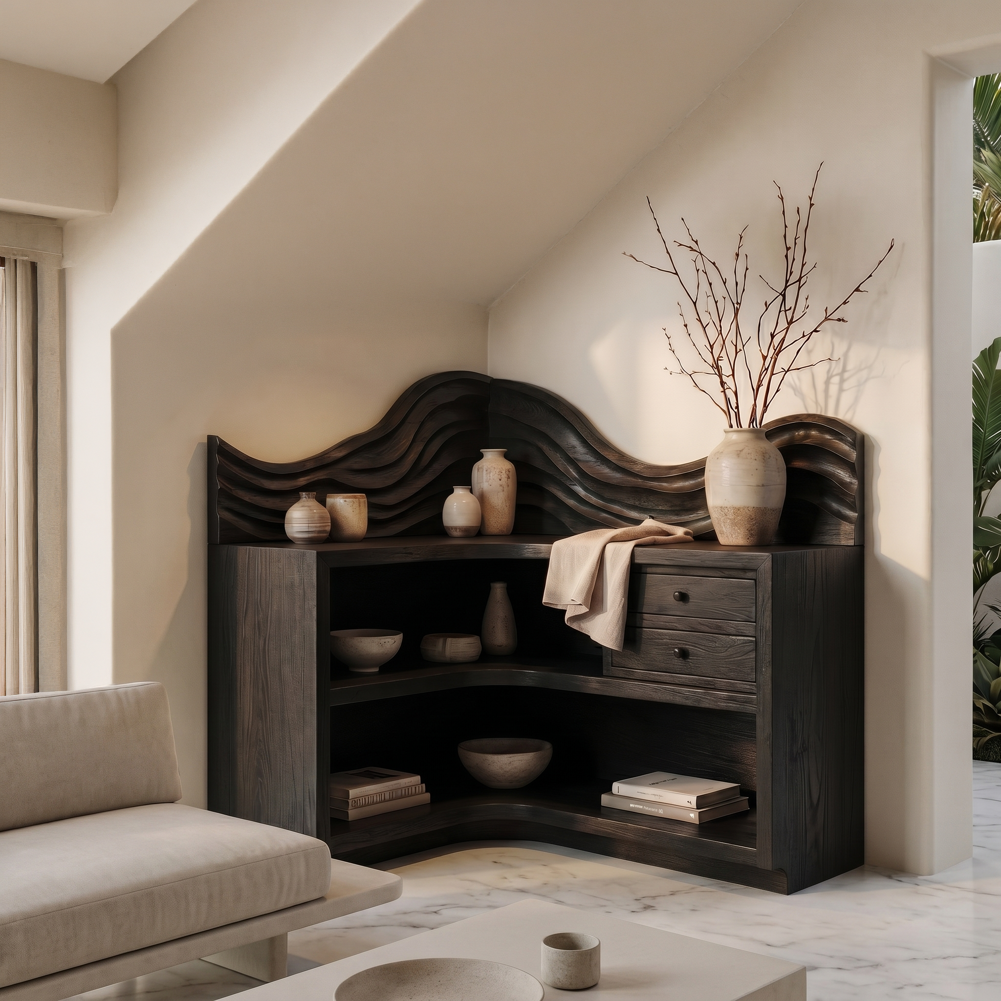 Rustic Corner Bookshelf With Arched Open Shelves And Drawer Storage For Living Room And Bedroom SINLSABS024