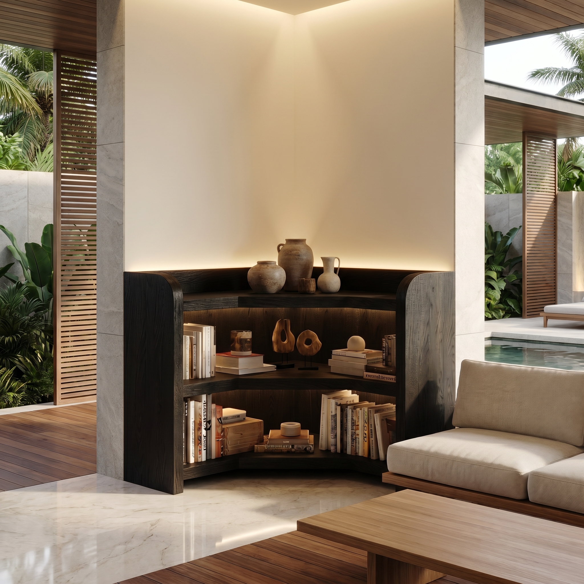 Natural Wooden Bookshelf With Rounded Edges And Open Shelves For Living Room And Bedroom SINLSABS028