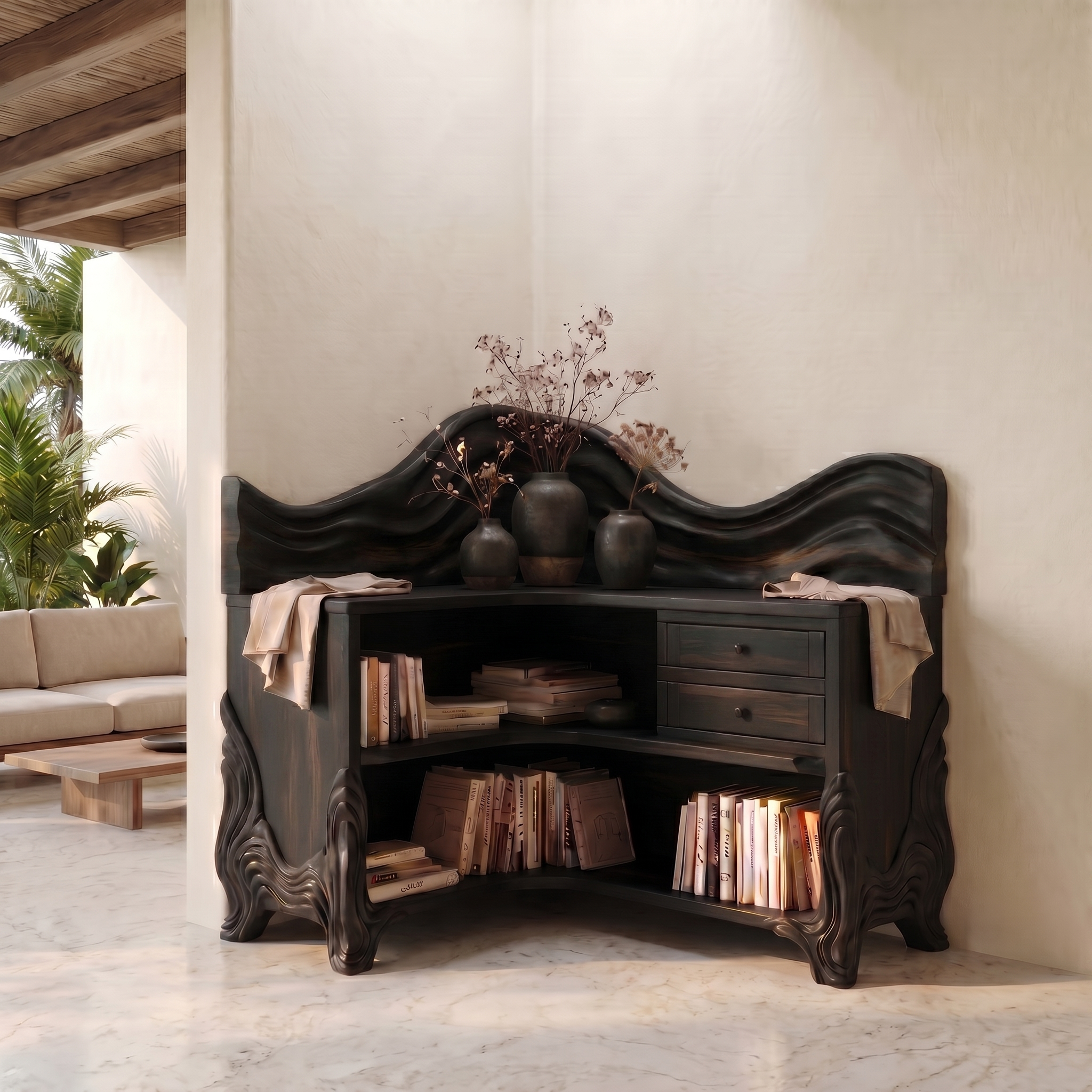 Rustic Wave Top Corner Bookshelf With Sculptural Wooden Shelves And Open Storage For Living Room And Bedroom SINLSABS025