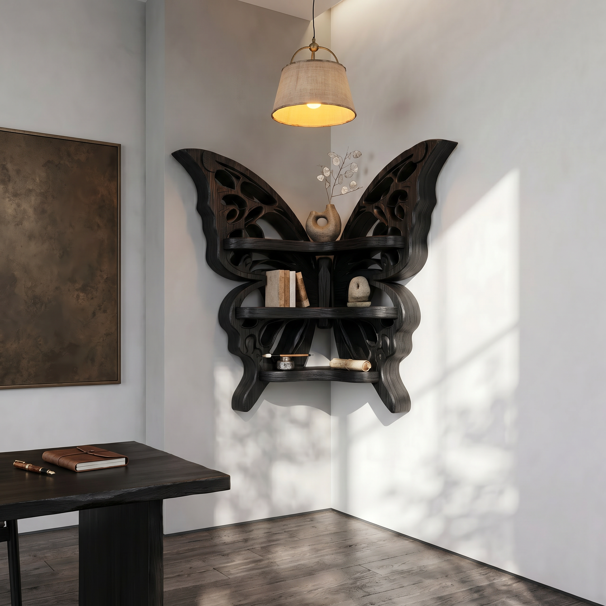Sculptural Butterfly Floating Shelf With Handcrafted Solid Wood Design For Living Room SINLSAFL544