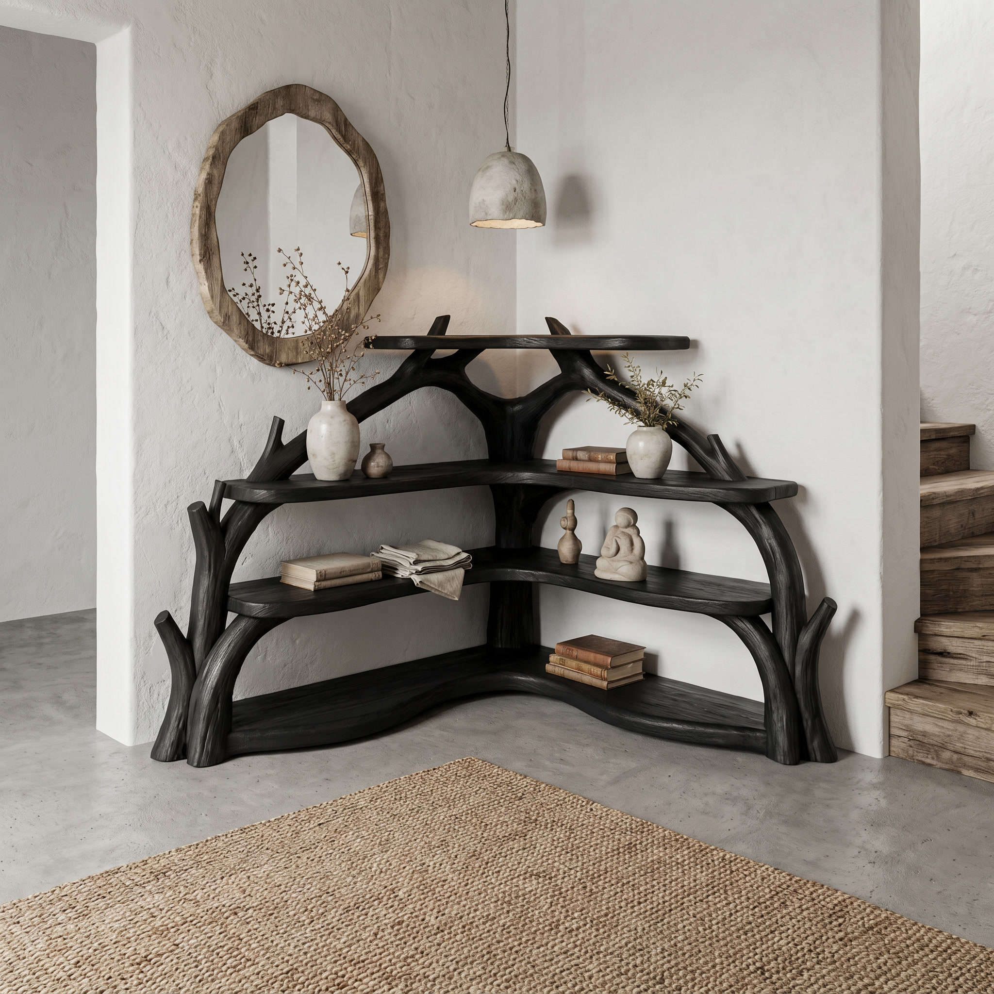 Sculptural Corner Bookcase With Natural Branch Design For Living Room SINLSABS015