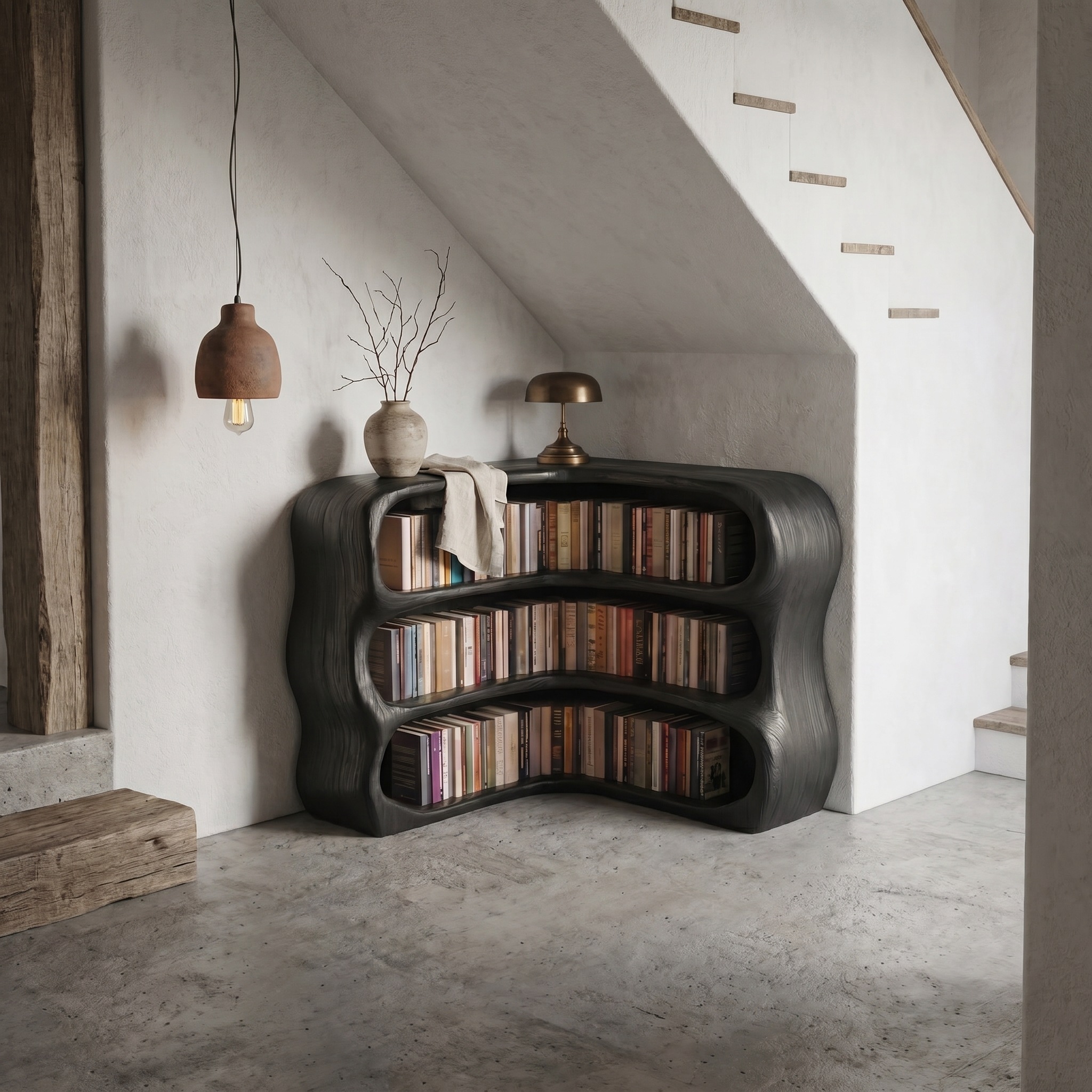 Modern Curved Bookshelf With Sculptural Open Shelves For Living Room And Bedroom SINLSABS019