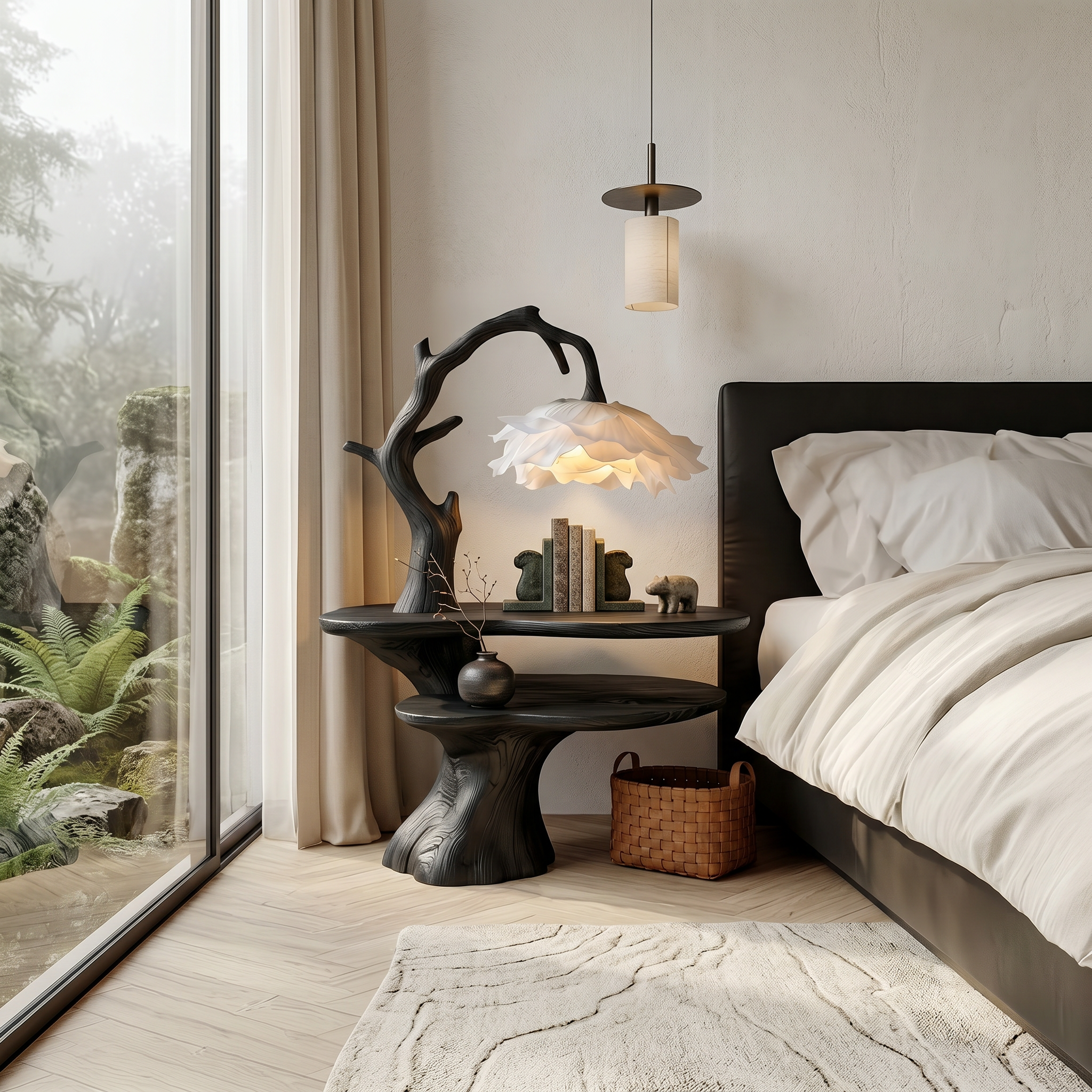 Natural Bedside Table With Floral Lamp And Tree Branch Form For Bedroom And Guest Room SINLSABT270