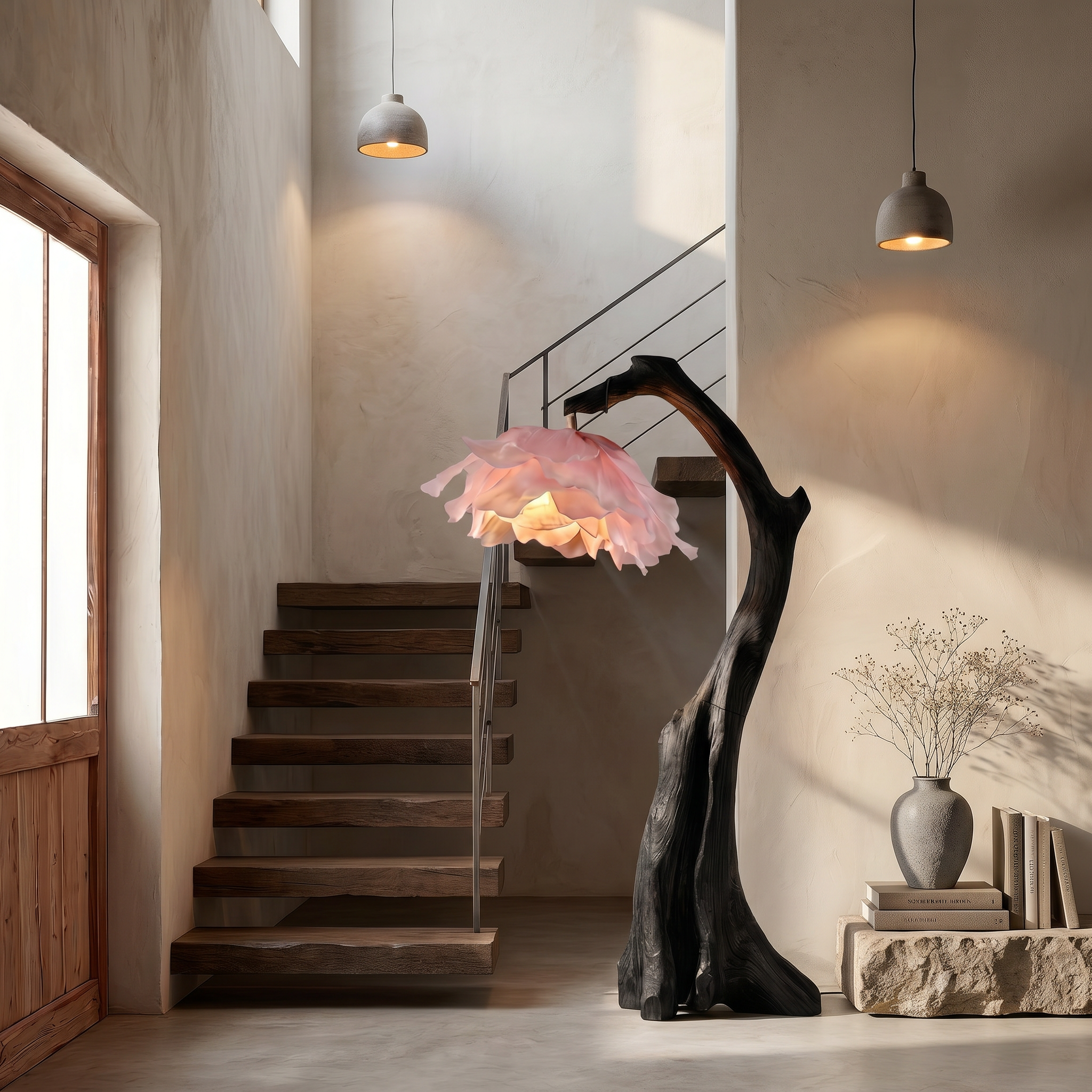 Handmade Flower Floor Lamp With Sculptural Wood Base For Living Room And Bedroom SINLSAFLP079