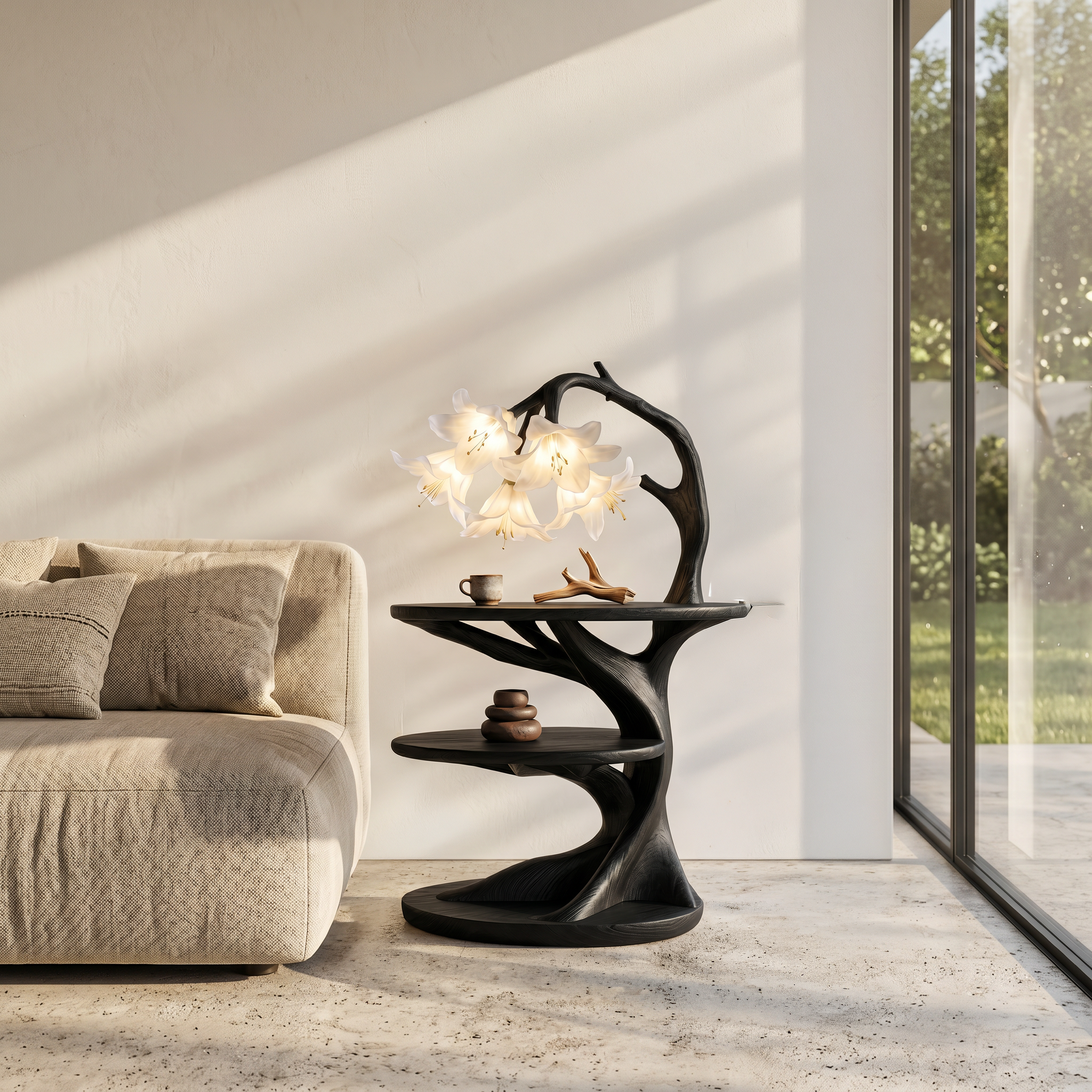 Rustic Side Table With Flower Shade Lamp For Bedroom And Living Room SINLSABT272
