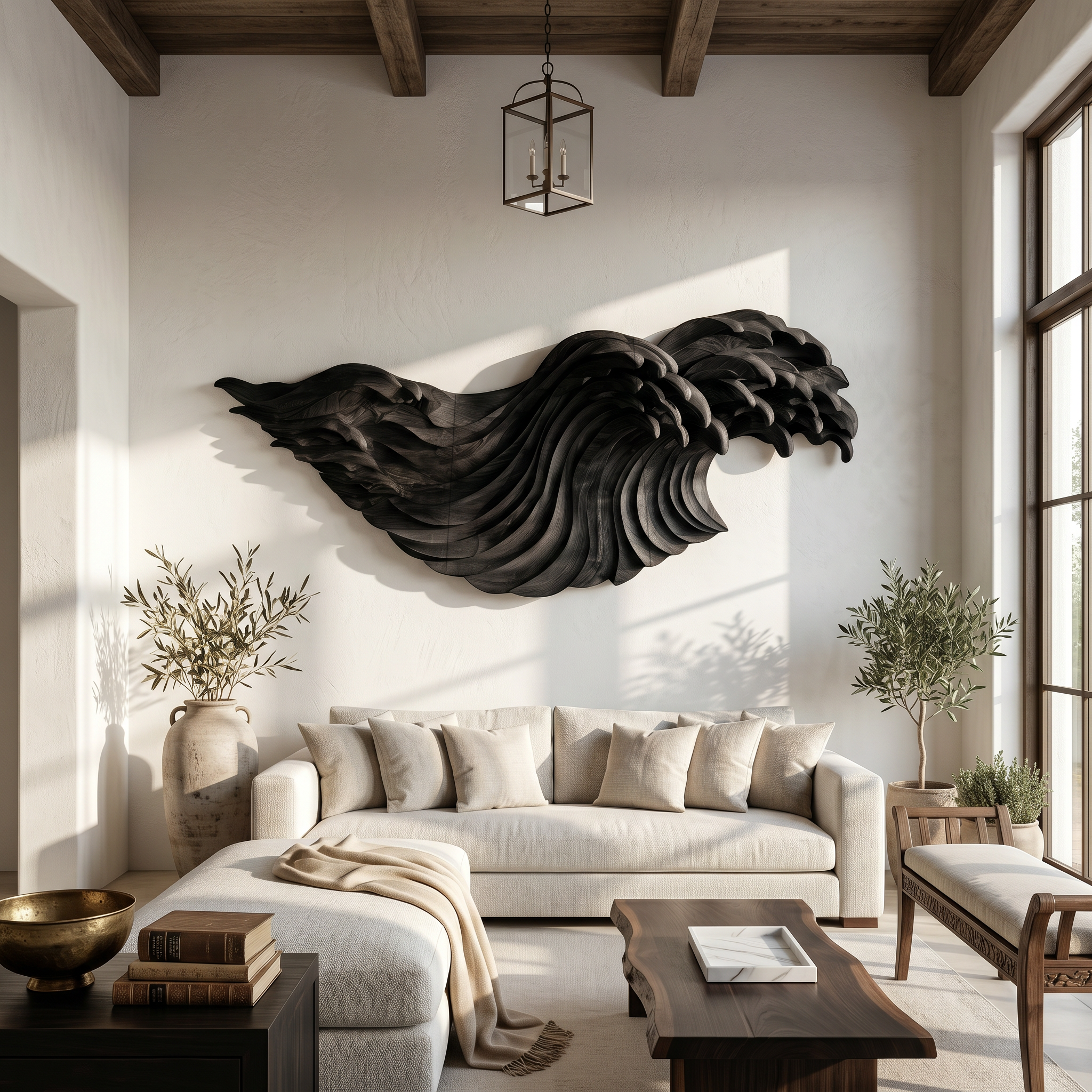 Abstract Ocean Wave Wooden Wall Art With Flowing Sculptural Design For Living Room And Bedroom SINLSAWD099