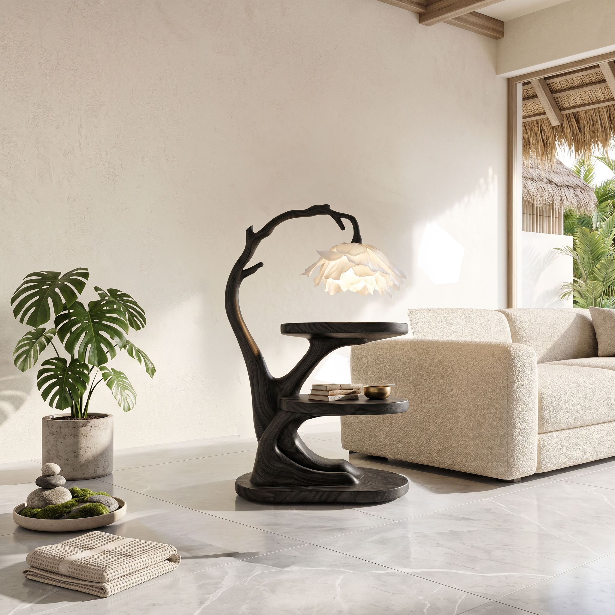 Organic Bedside Table With Sculptural Flower Lamp For Bedroom And Reading Nook SINLSABT273