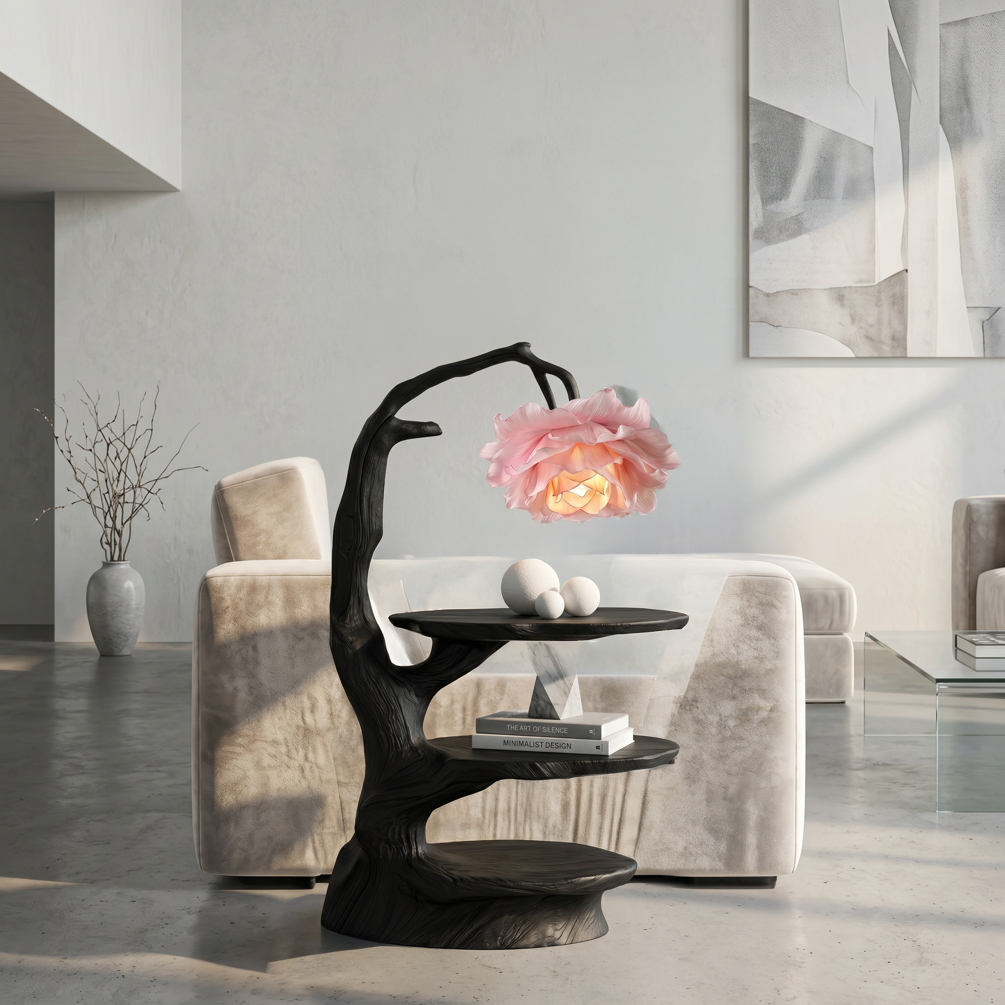Natural End Table With Tree Branch Form And Flower Lamp For Bedroom And Reading Nook SINLSABT276