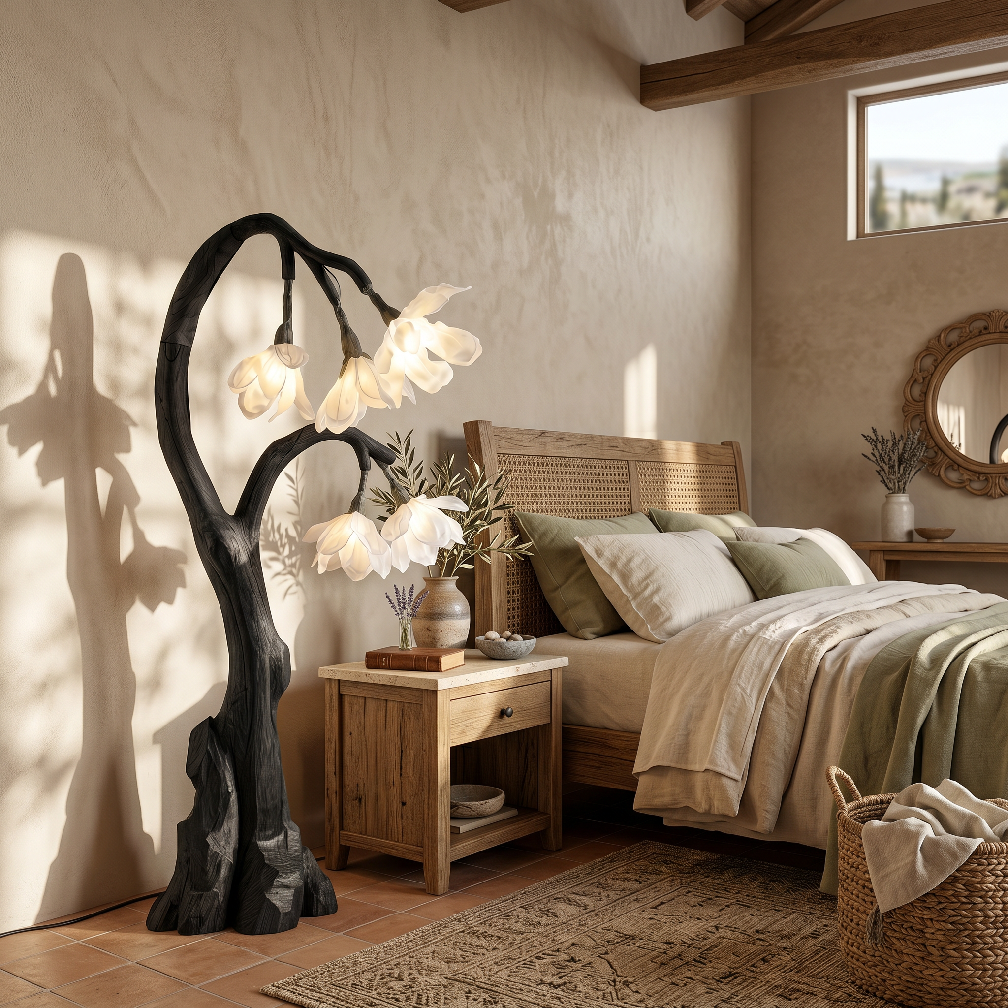 Artistic Floral Floor Lamp With Natural Wood Base For Living Room And Bedroom SINLSAFLP077