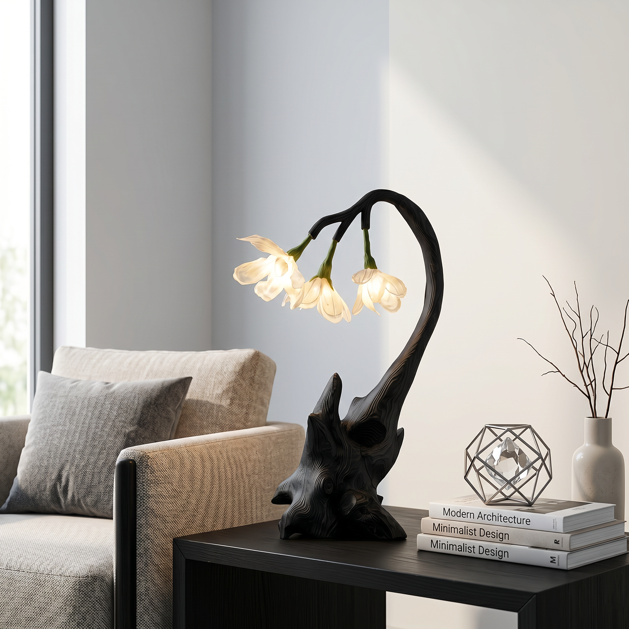 Contemporary Floral Table Lamp With Sculptural Wood Base For Bedroom And Living Room SINLSATL003