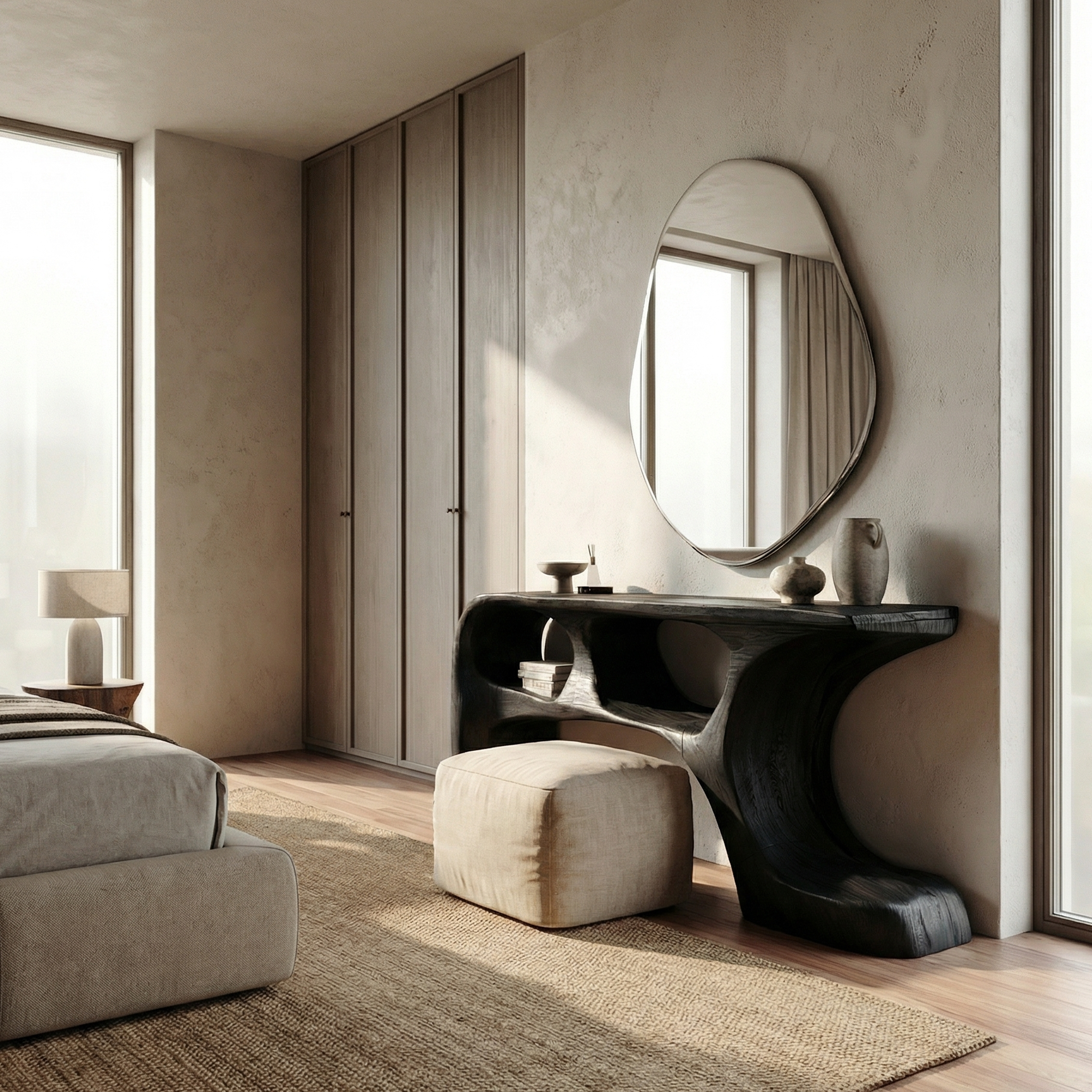 Sculptural Dressing Table Solid Wood Flowing Curve With Shelf Design Bedroom And Vanity Space SINLSABDT059