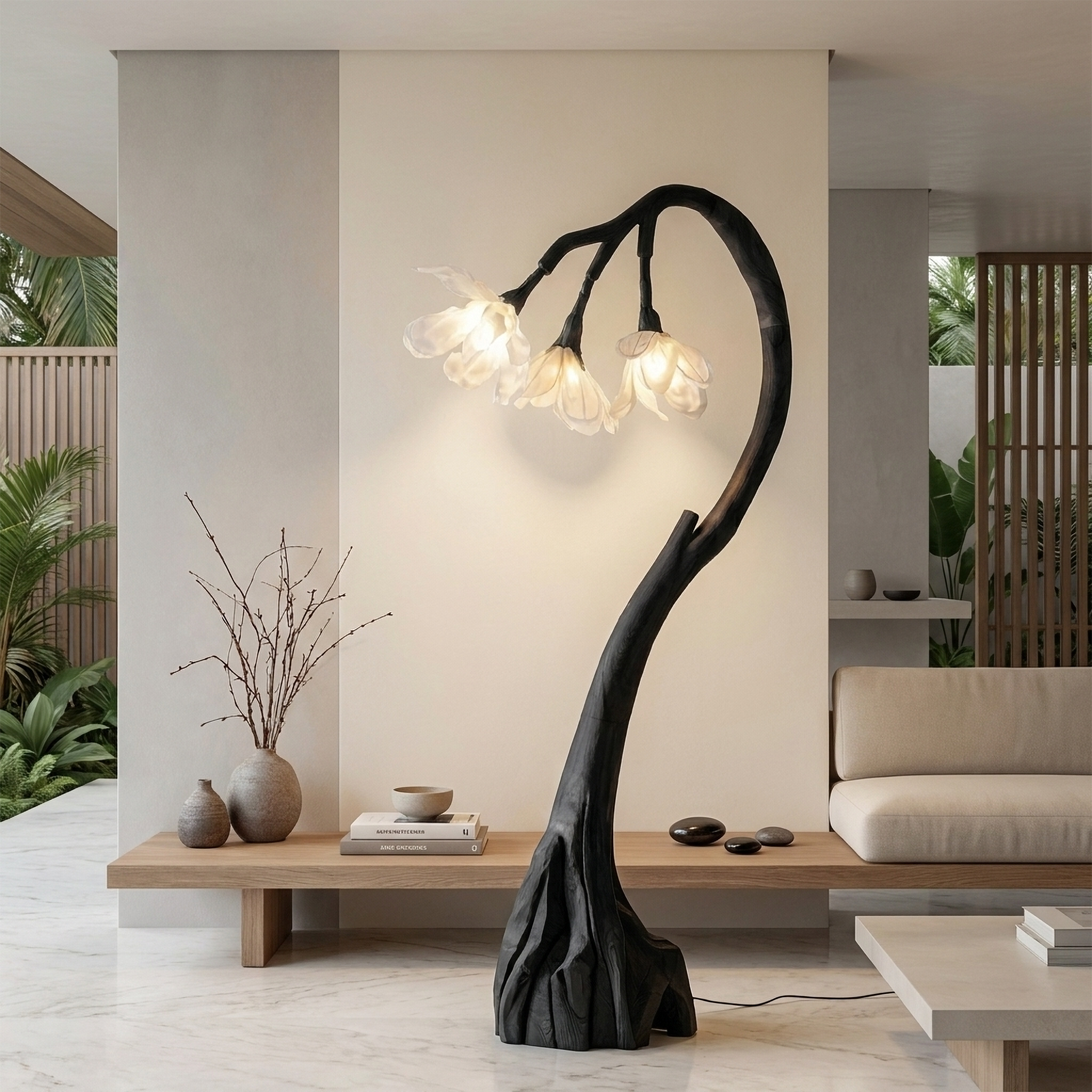 Floral Floor Lamp With Organic Wood Base For Living Room And Bedroom SINLSAFLP071