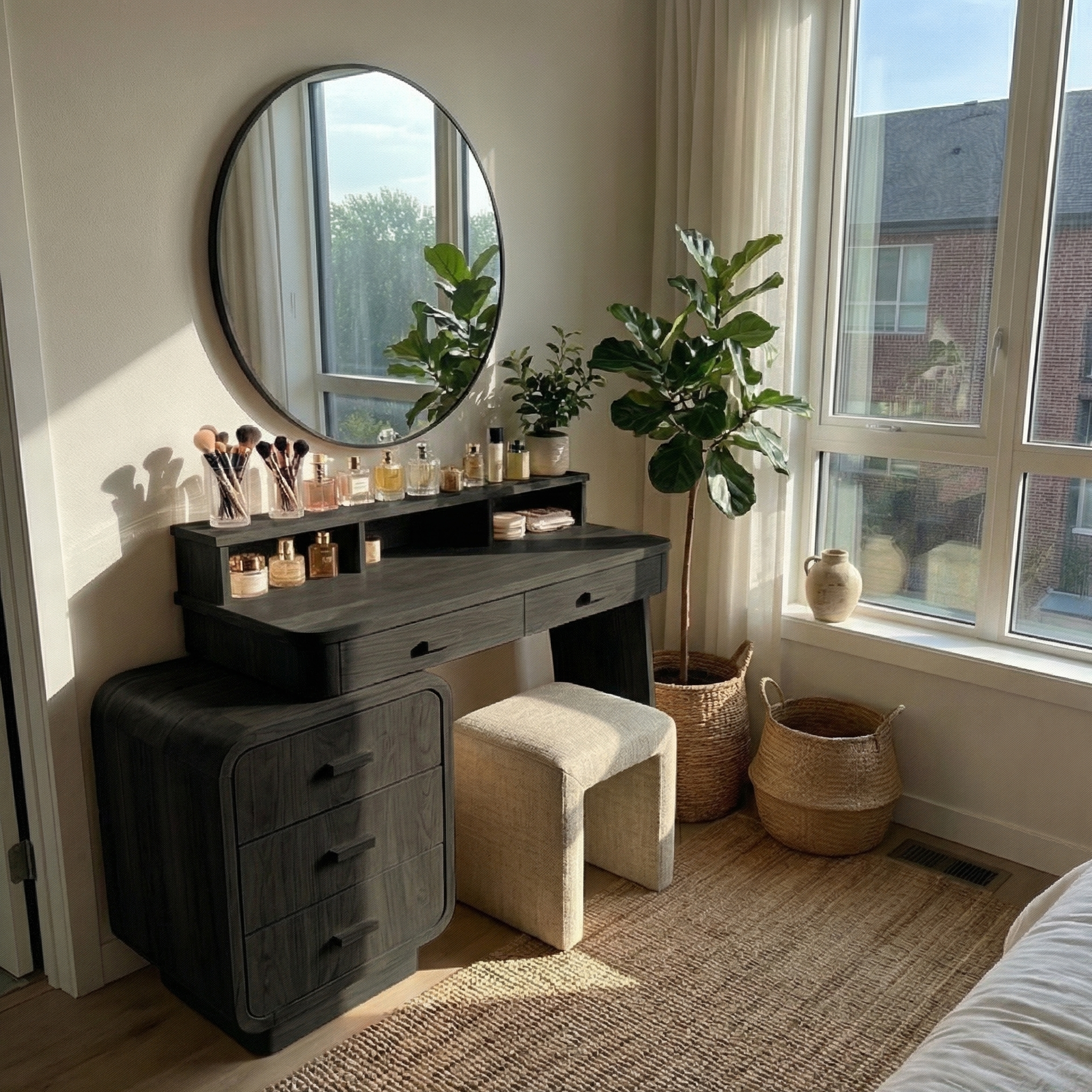 Mid Century Dressing Table With Storage Cabinet Soft Rounded Design For Bedroom SINLSABDT055