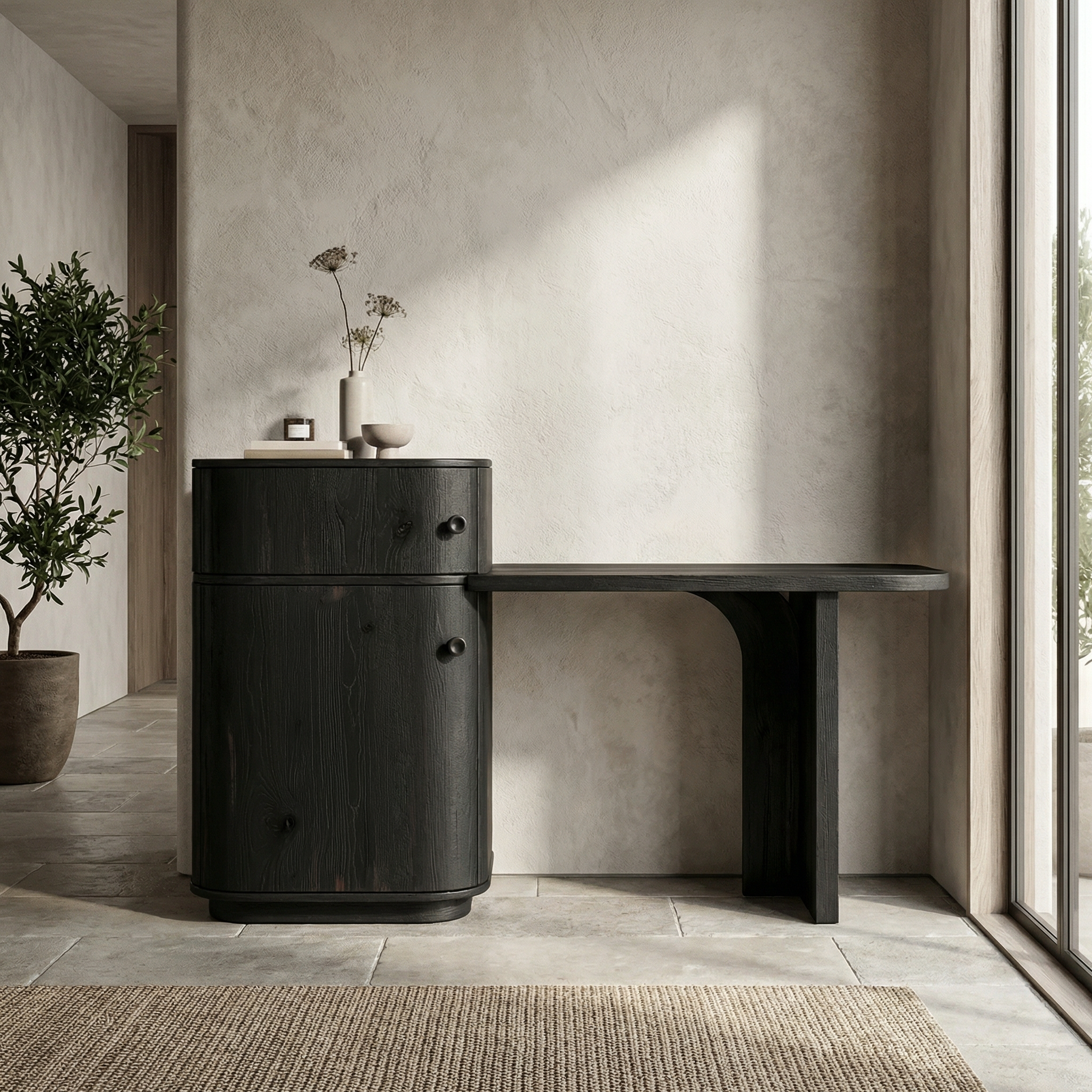 Scandinavian Dressing Table With Storage Cabinet Warm Minimalist Rounded Design For Bedroom SINLSABDT058