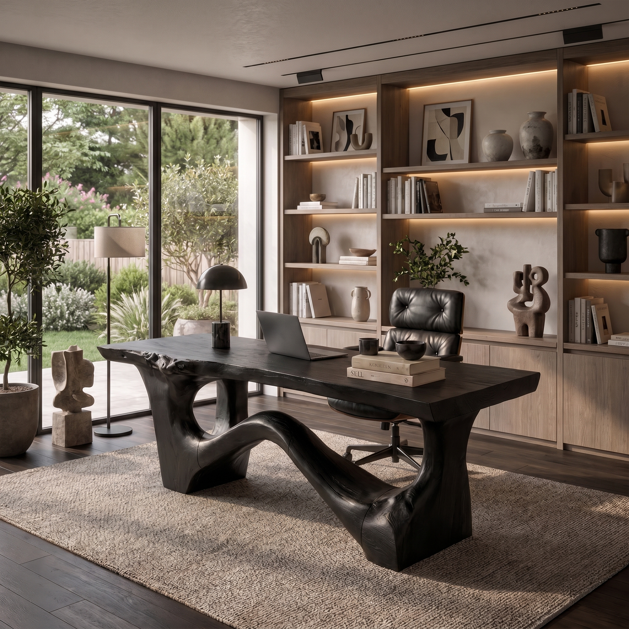 Organic Sculptural Desk With Asymmetrical Wood Base And Solid Wood Top For Home Office And Workspace SINLKIDK114
