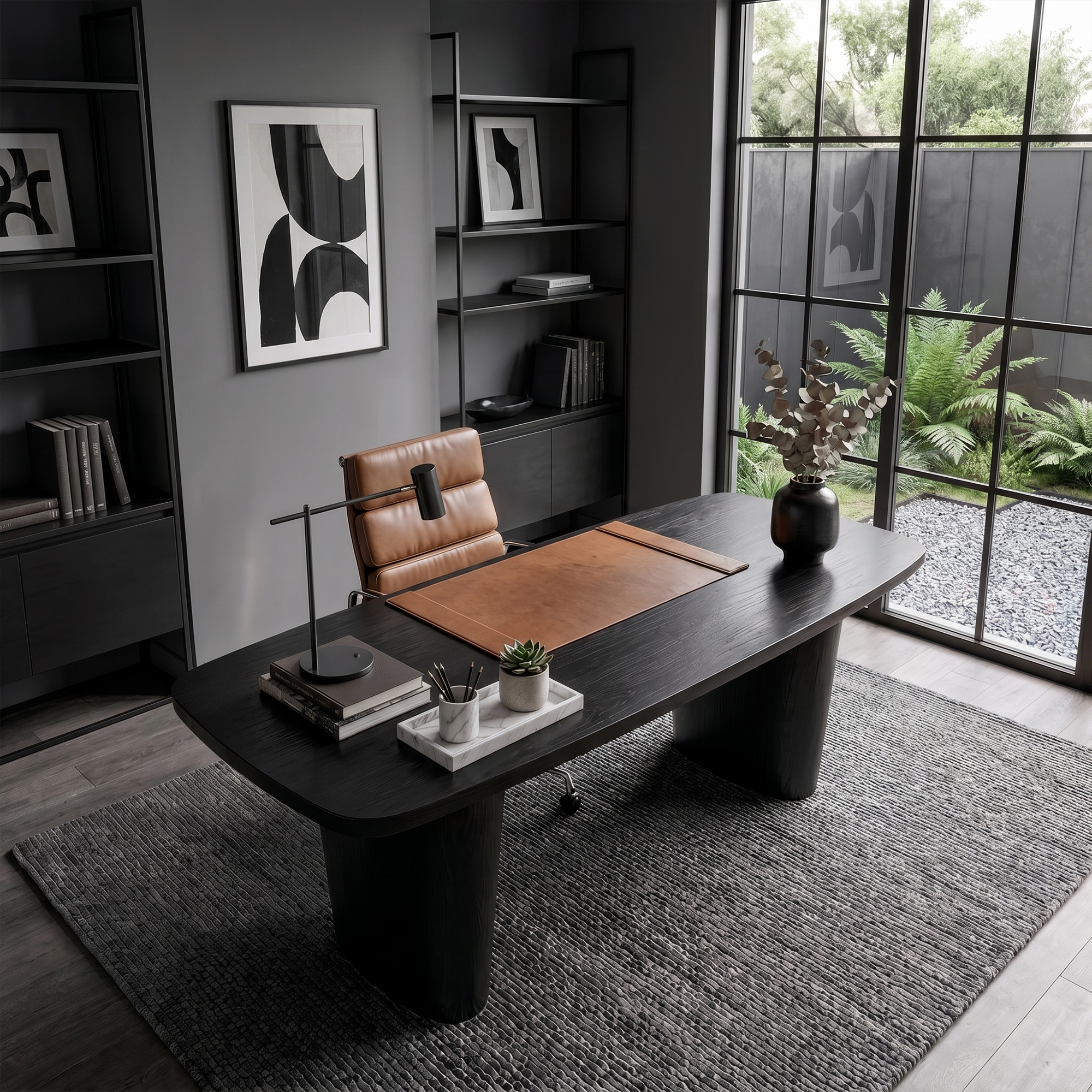 Modern Executive Wooden Desk With Sculptural Solid Wood Base For Home Office And Workspace SINLKIDK109