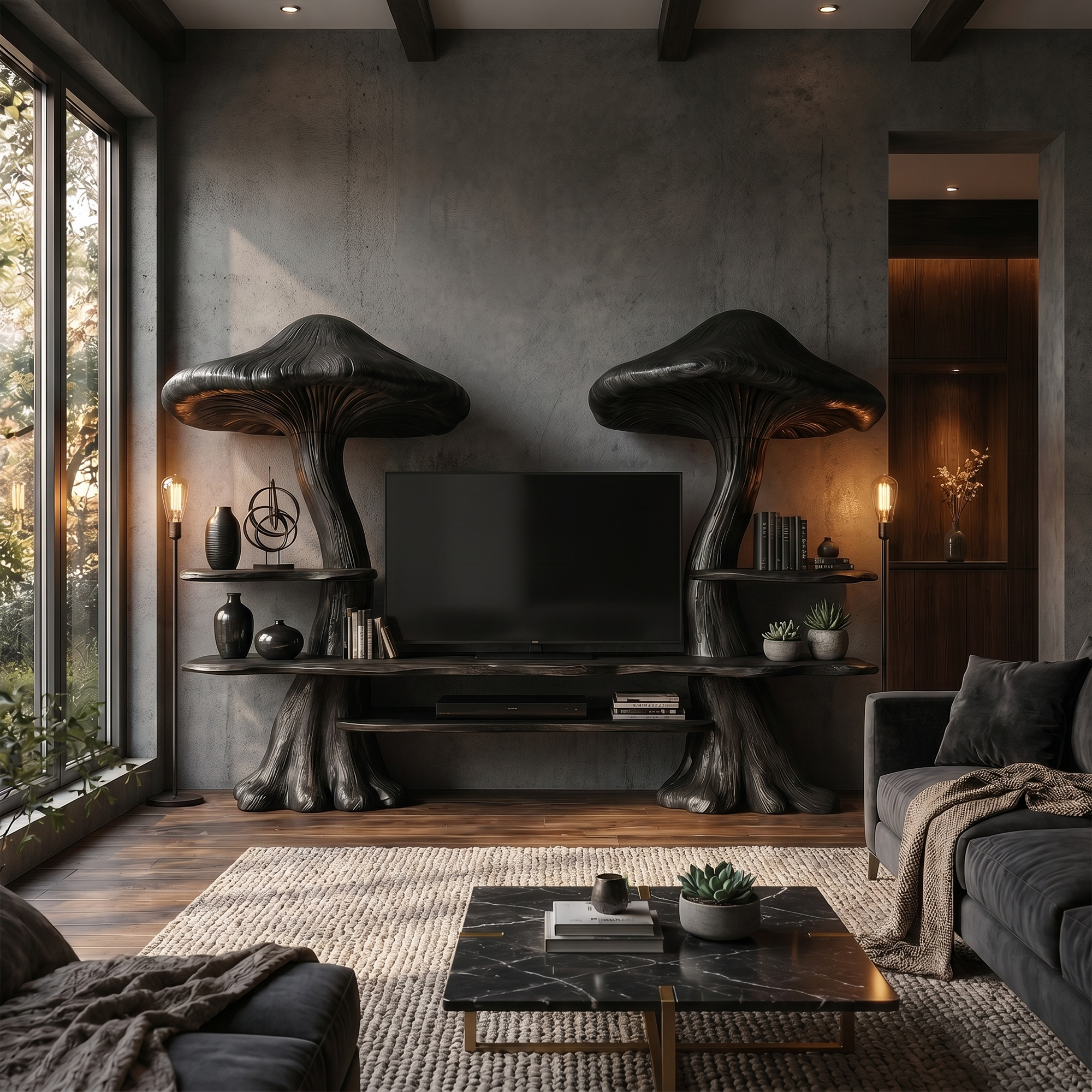 Rustic Mushroom TV Cabinet With Integrated Display Shelves And Media Storage For Living Room SINLKITC051