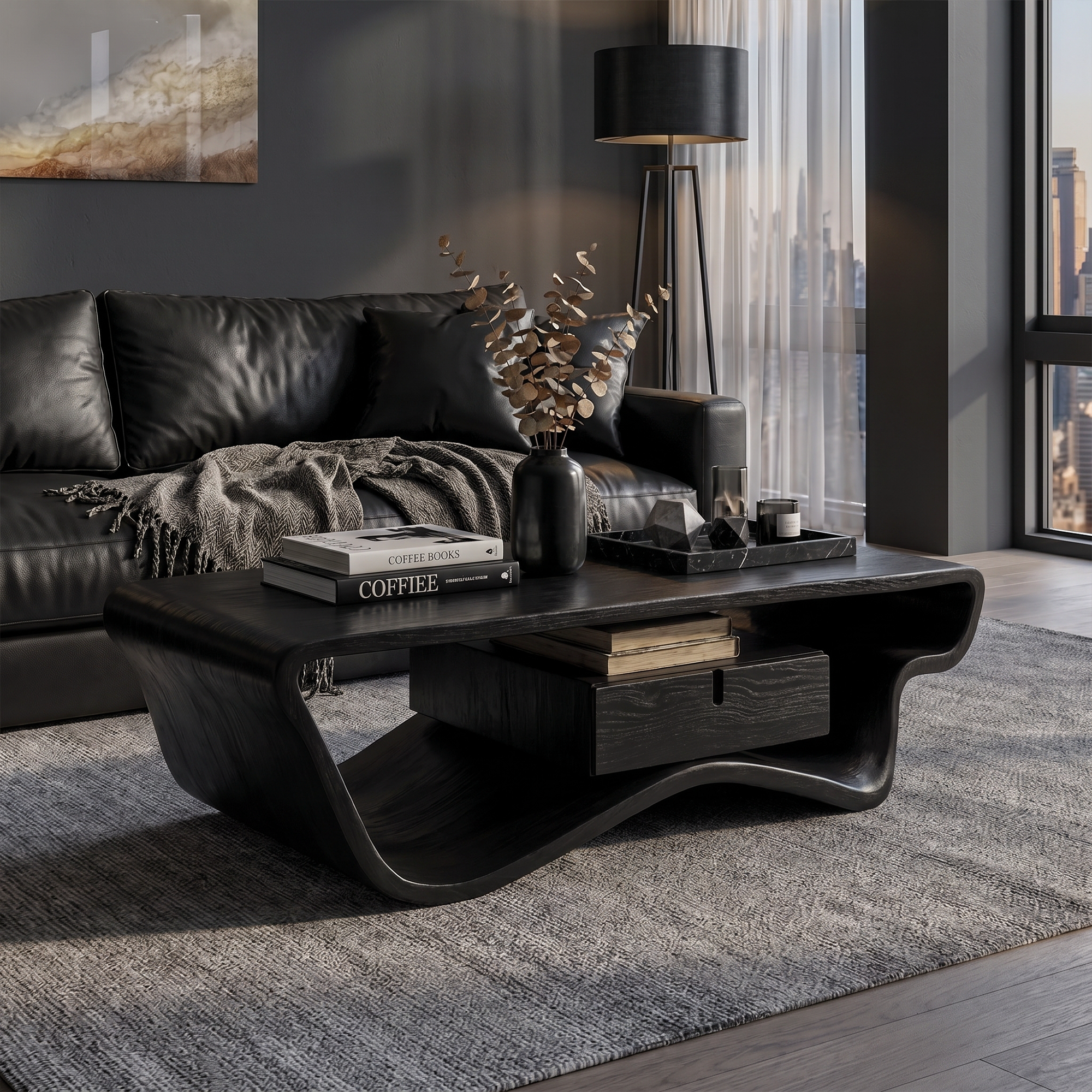 Curved Sculptural Coffee Table With Storage Drawer For Living Room SINLKICF361