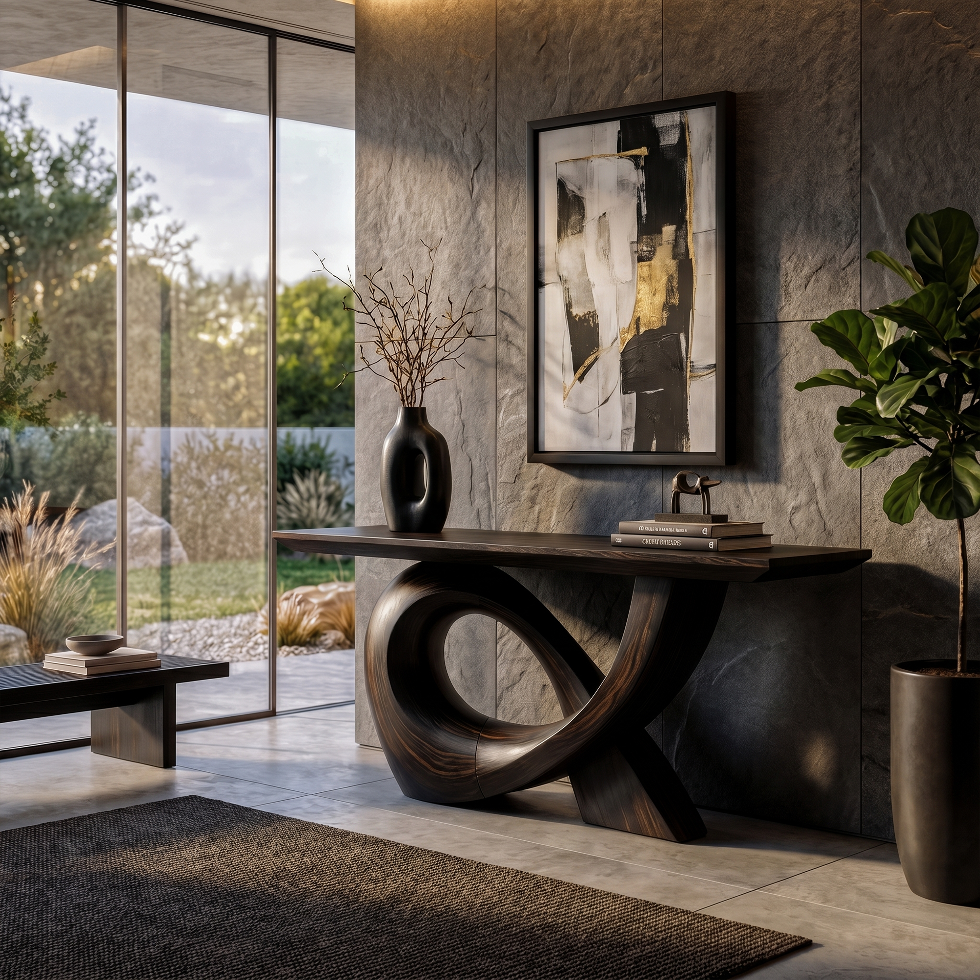Sculptural Console Table With Flowing Curved Wood Base For Entryway And Living Room SINLKICS596