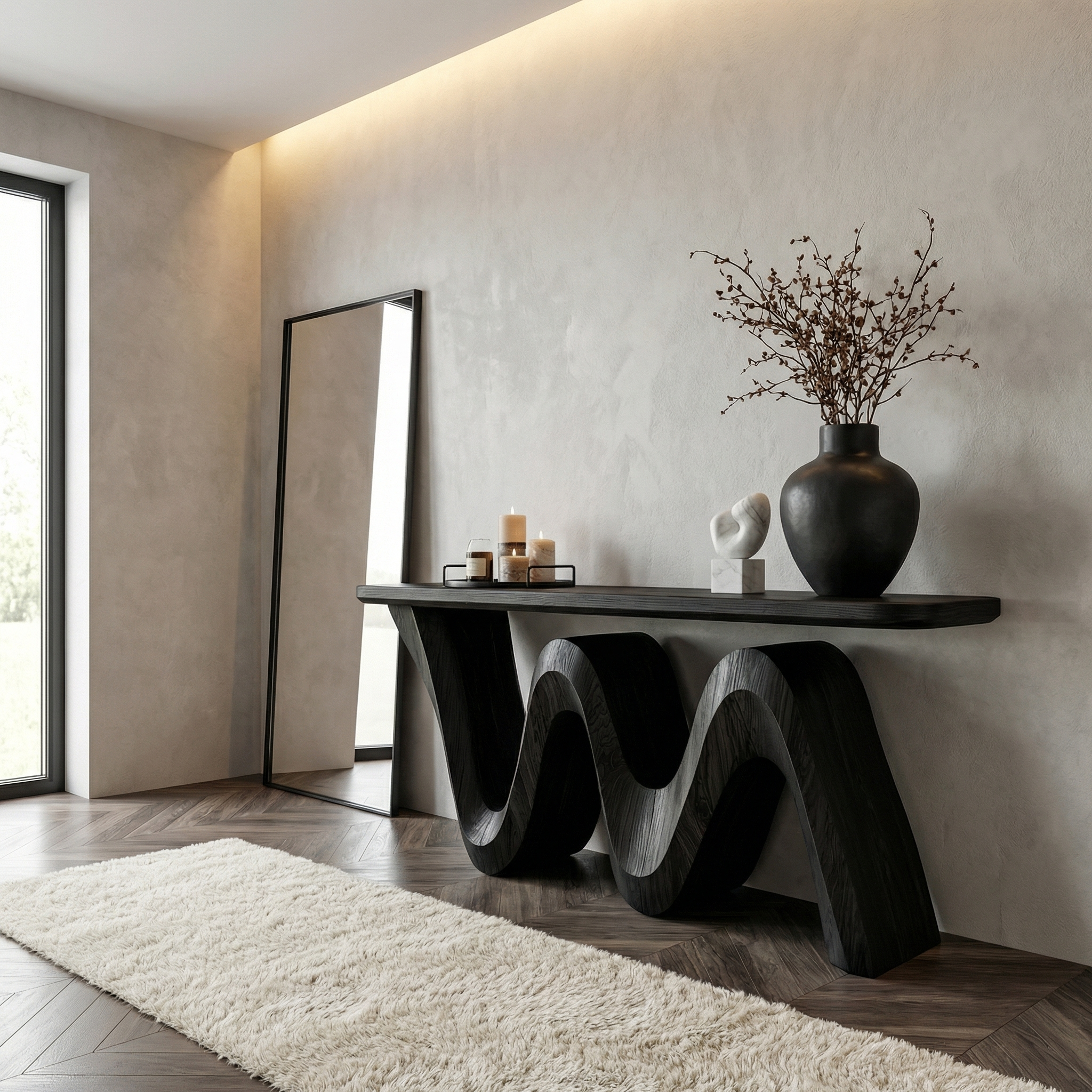 Organic Flow Console Table Solid Wood Sculptural Wave Base Entryway Or Hallway SINLKICS557