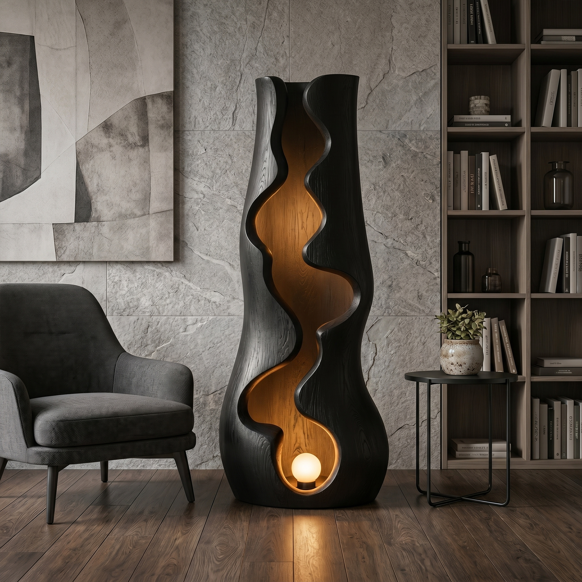 Organic Floor Lamp With Sculptural Wave Wood Design For Living Room And Bedroom SINLKIFLP105