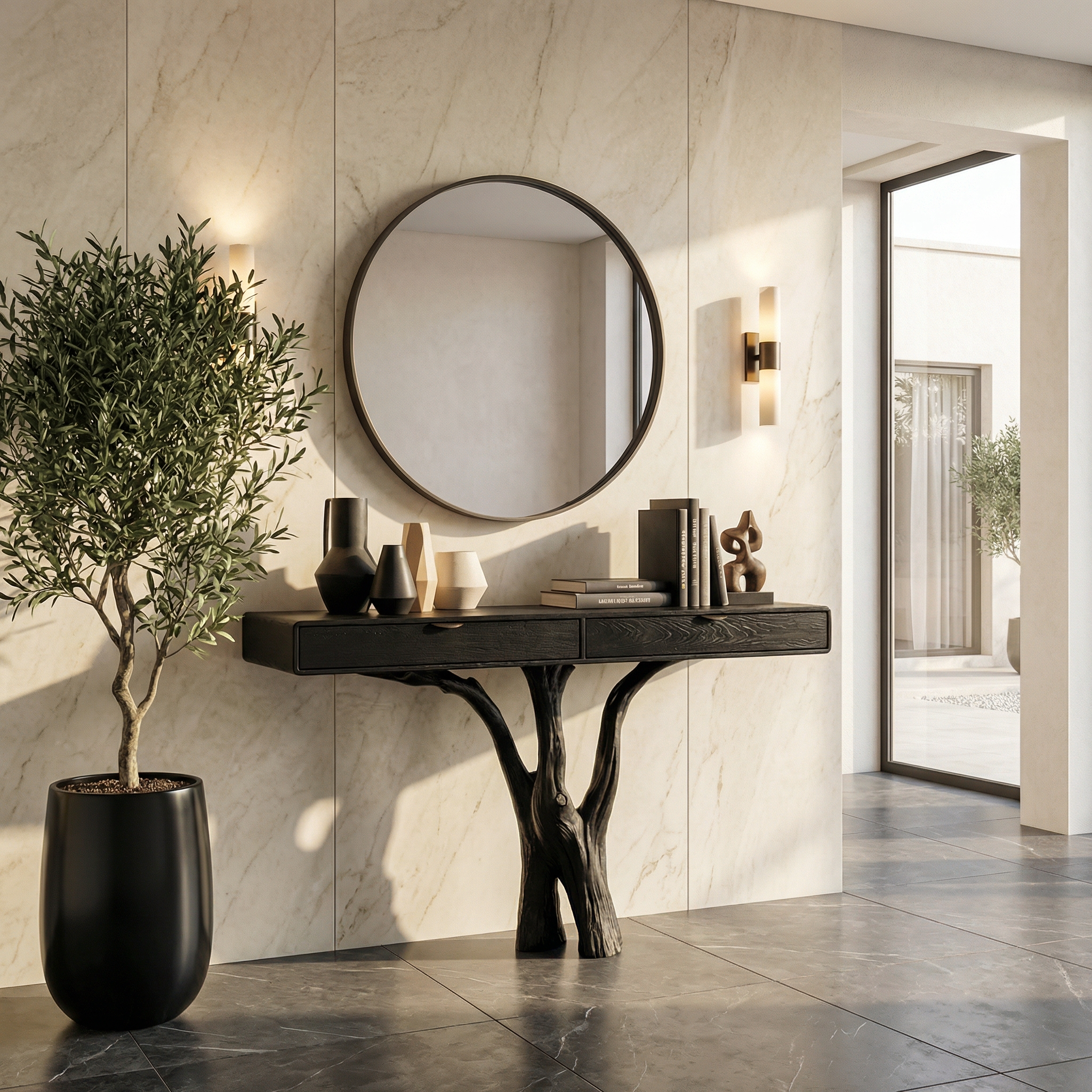 Sculptural Tree Console Table Solid Wood Branch Pedestal Design Living Room And Entryway SINLKICS560