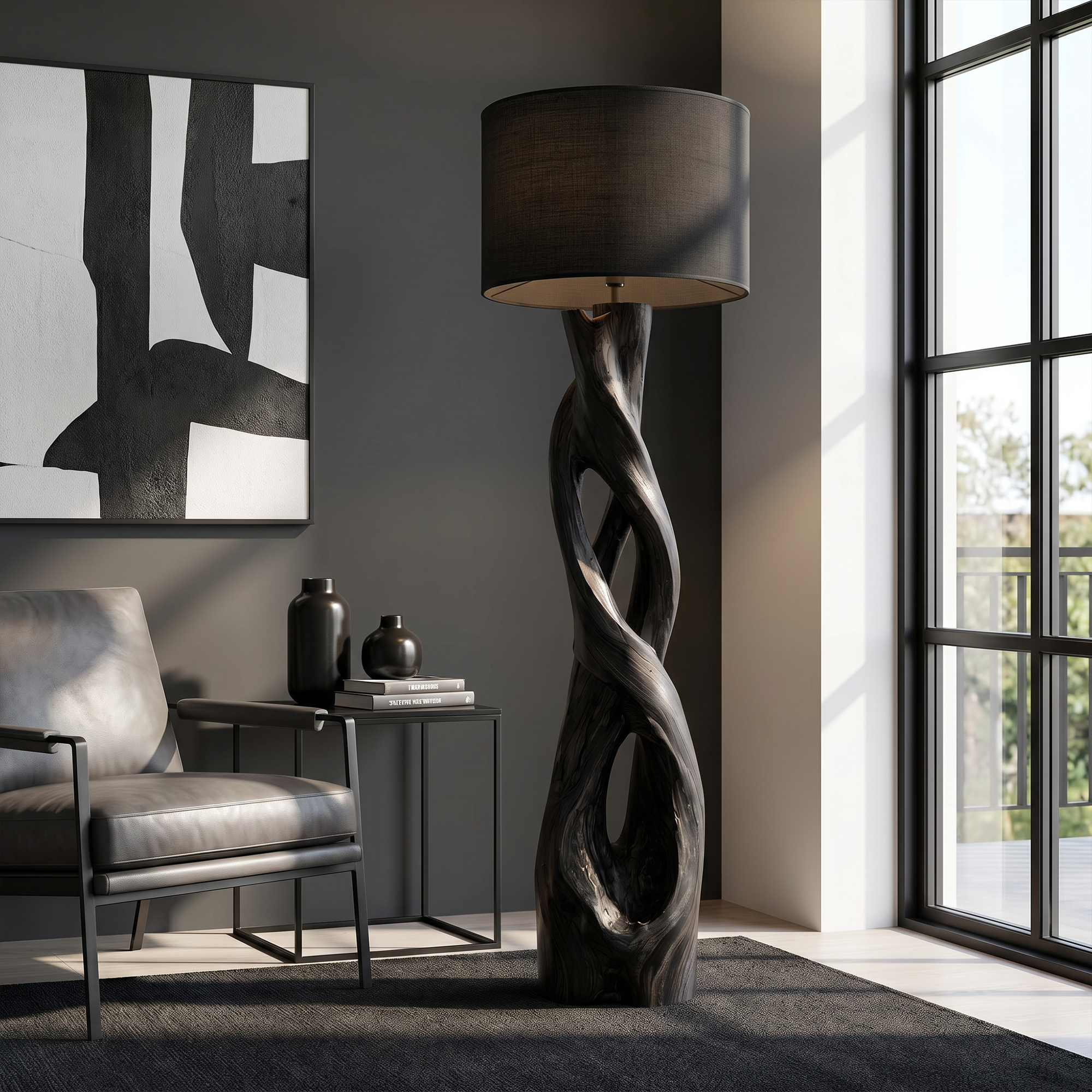 Nature Inspired Floor Lamp With Sculptural Wood Form And Fabric Shade For Living Room SINLKIFLP091