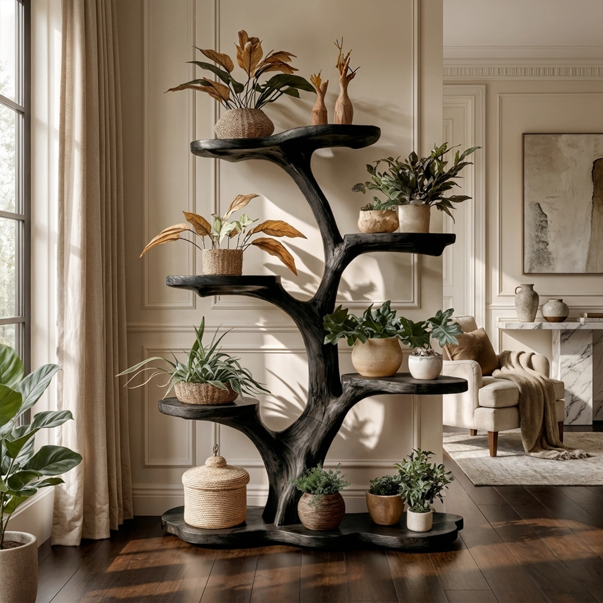 Rustic Tree Plant Shelf Indoor Green Display Living Room SINLKITT074