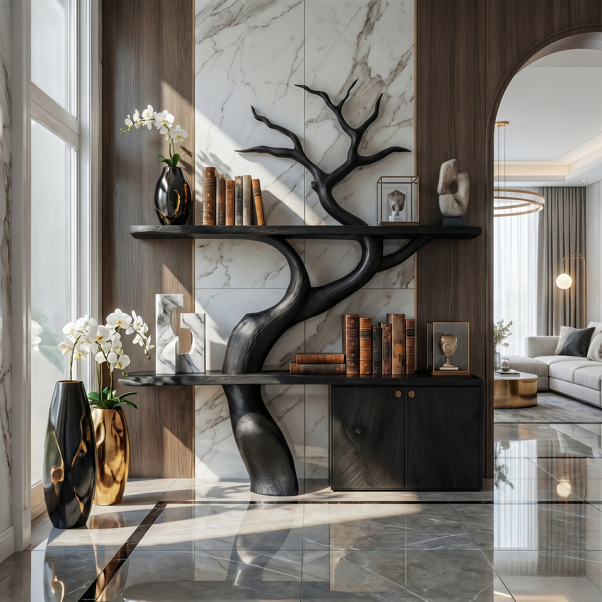 Rustic Tree Branch Bookshelf With Storage Cabinet For Living Room And Bedroom Space SINLKITB714