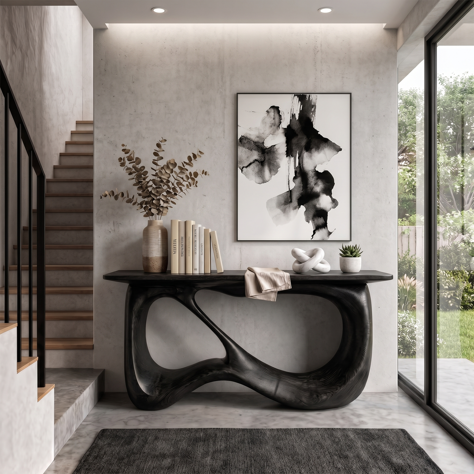 Minimalist Console Table With Flowing Loop Wood Base For Entryway SINLKICS600