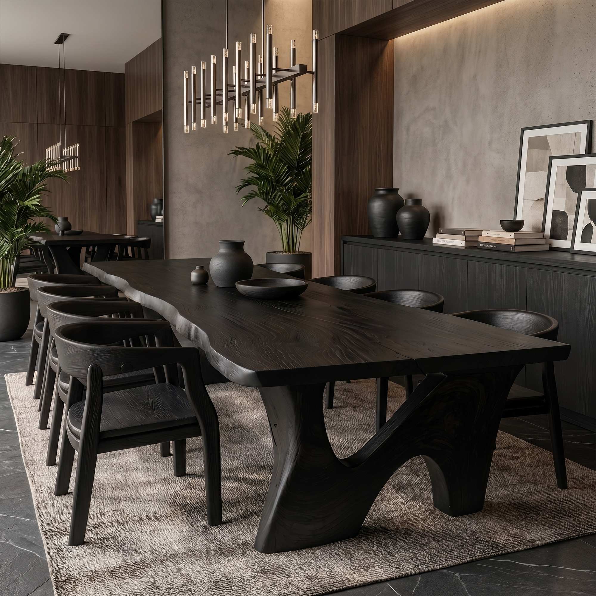 Rustic Modern Dining Table With Solid Wood Top And Sculptural Curved Base For Dining Room SINLKIDT186