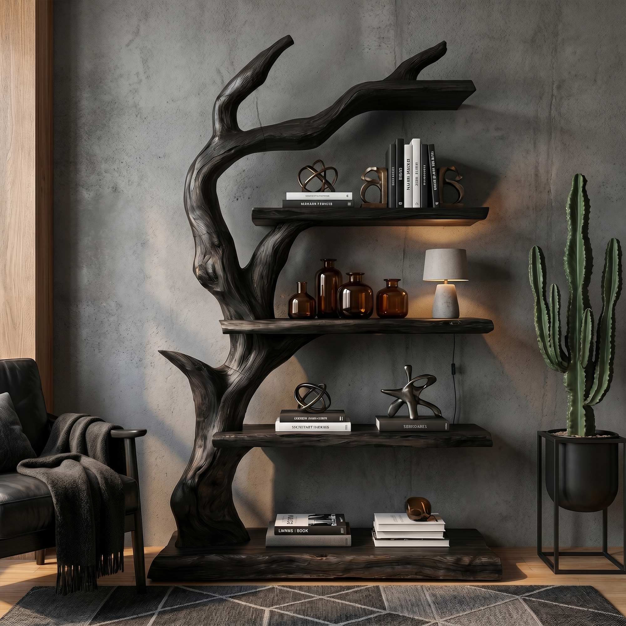 Rustic Tree Bookshelf With Handcrafted Branch Design And Open Display Shelves For Living Room SINLKITB736