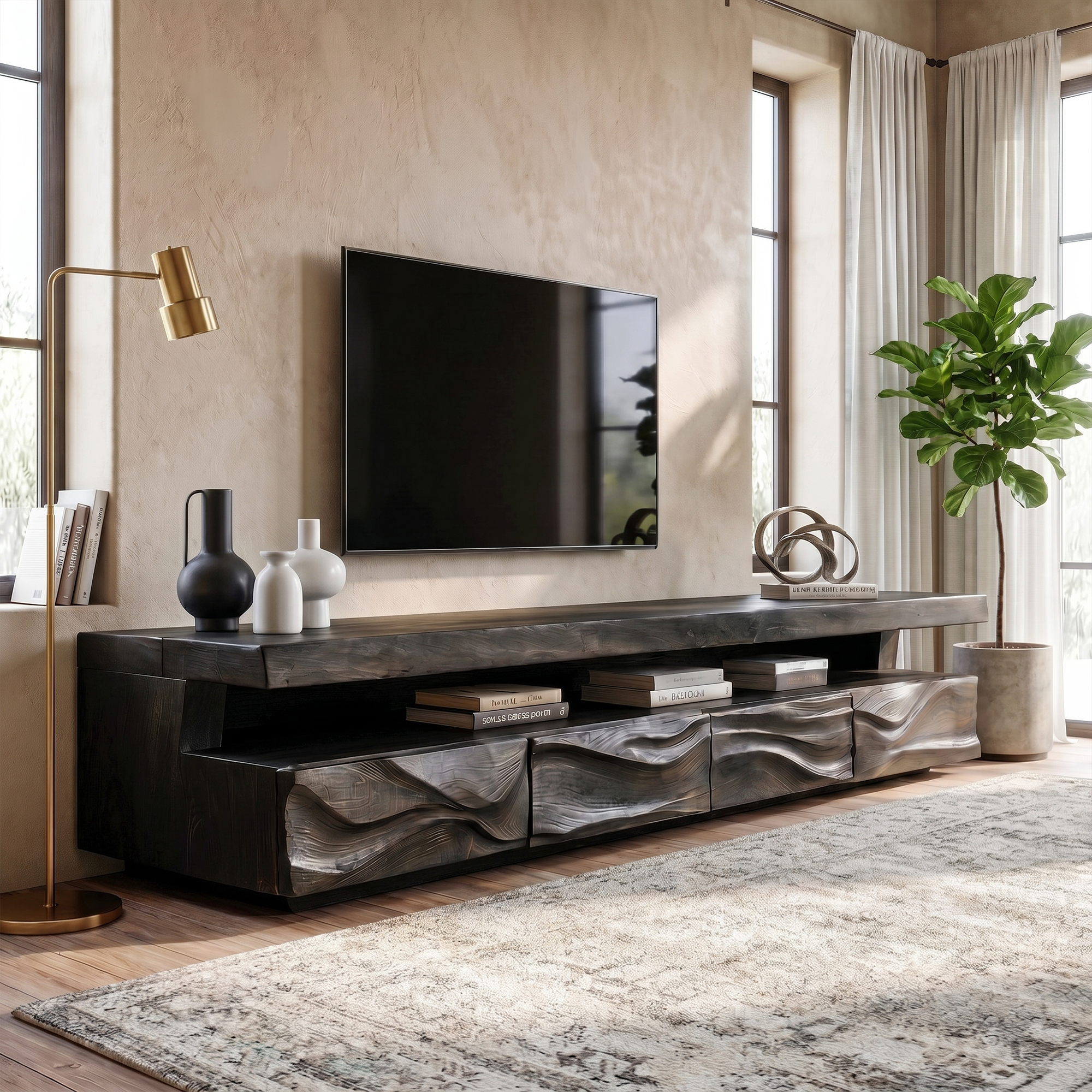 Modern TV Stand With Hand Carved Solid Wood Front And Media Storage For Living Room SINLKITC049