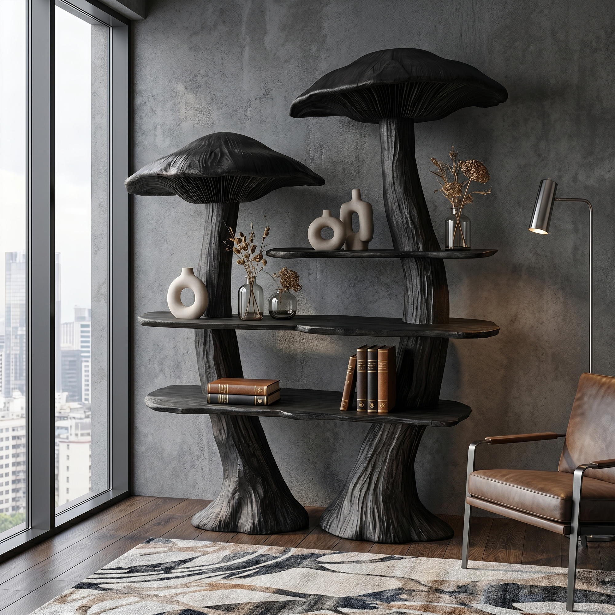 Rustic Mushroom Bookshelf With Tree Trunk Base And Solid Wood Shelves For Living Room SINLKITB748