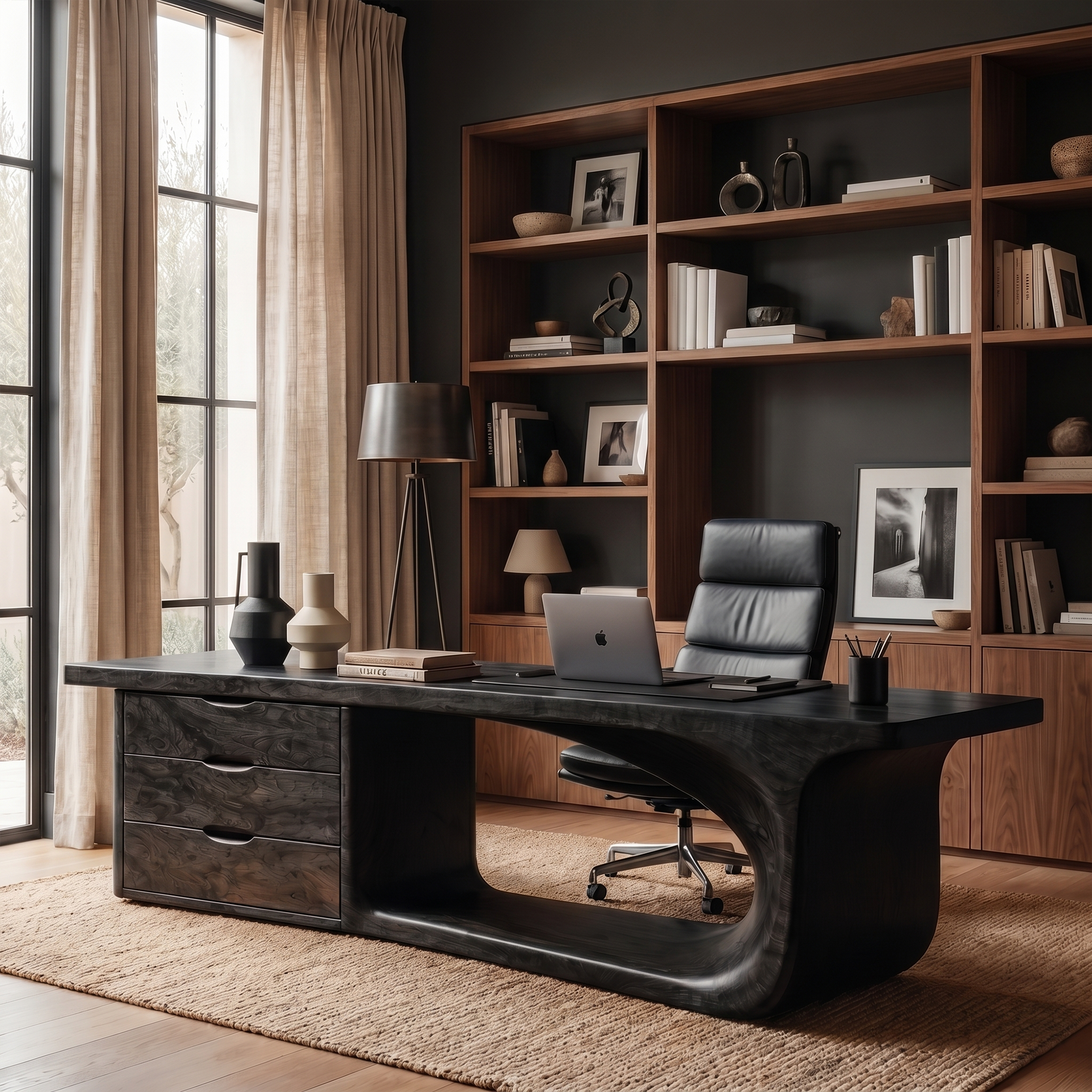 Rustic Executive Desk With Sculptural Solid Wood Base And Integrated Storage For Home Office SINLKIDK117